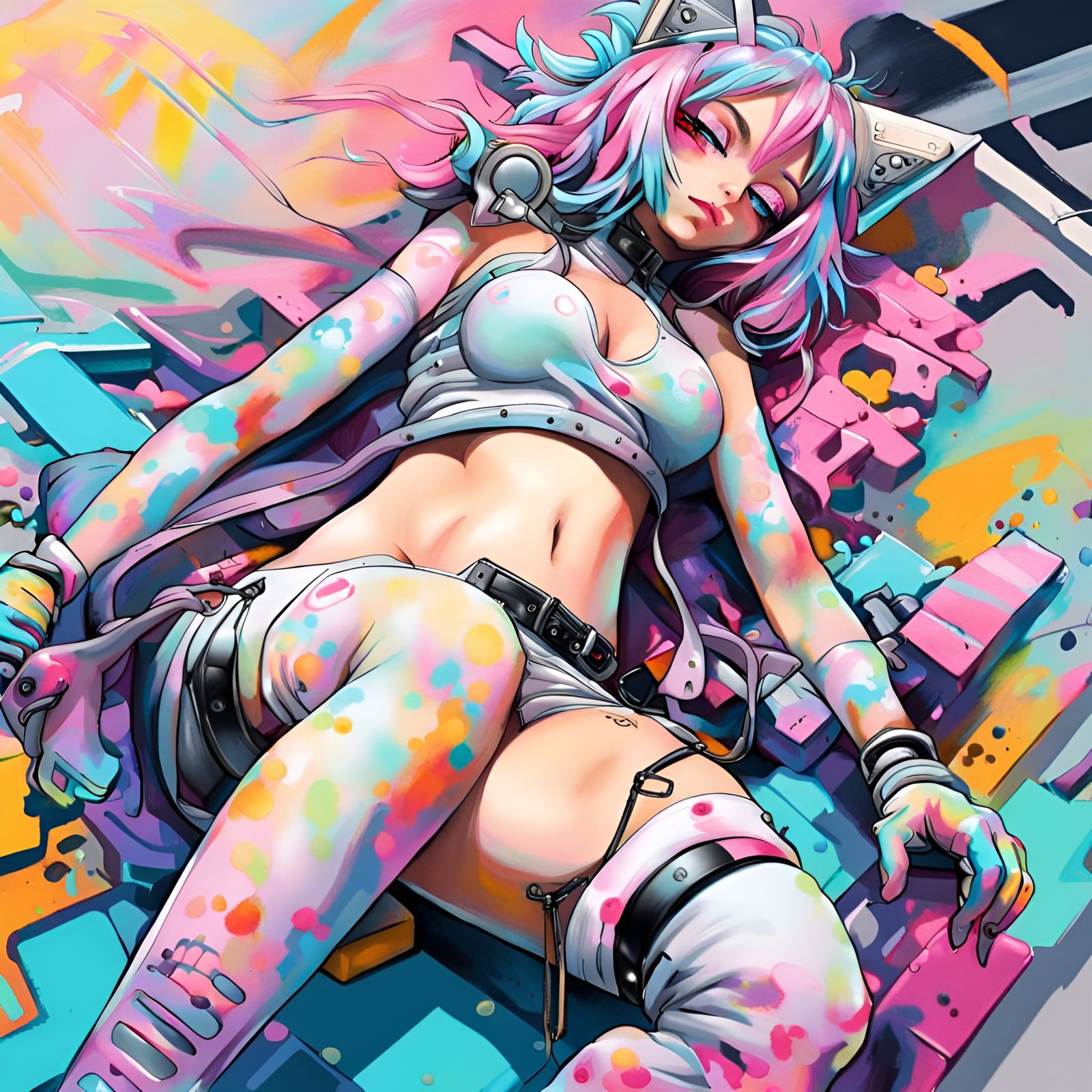 Anime Catgirl Cybergoth Relaxing in Pastel Colors