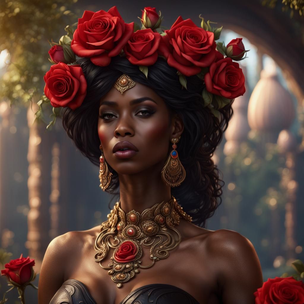 Caramel Goddess with Roses: Detailed Fantasy Art
