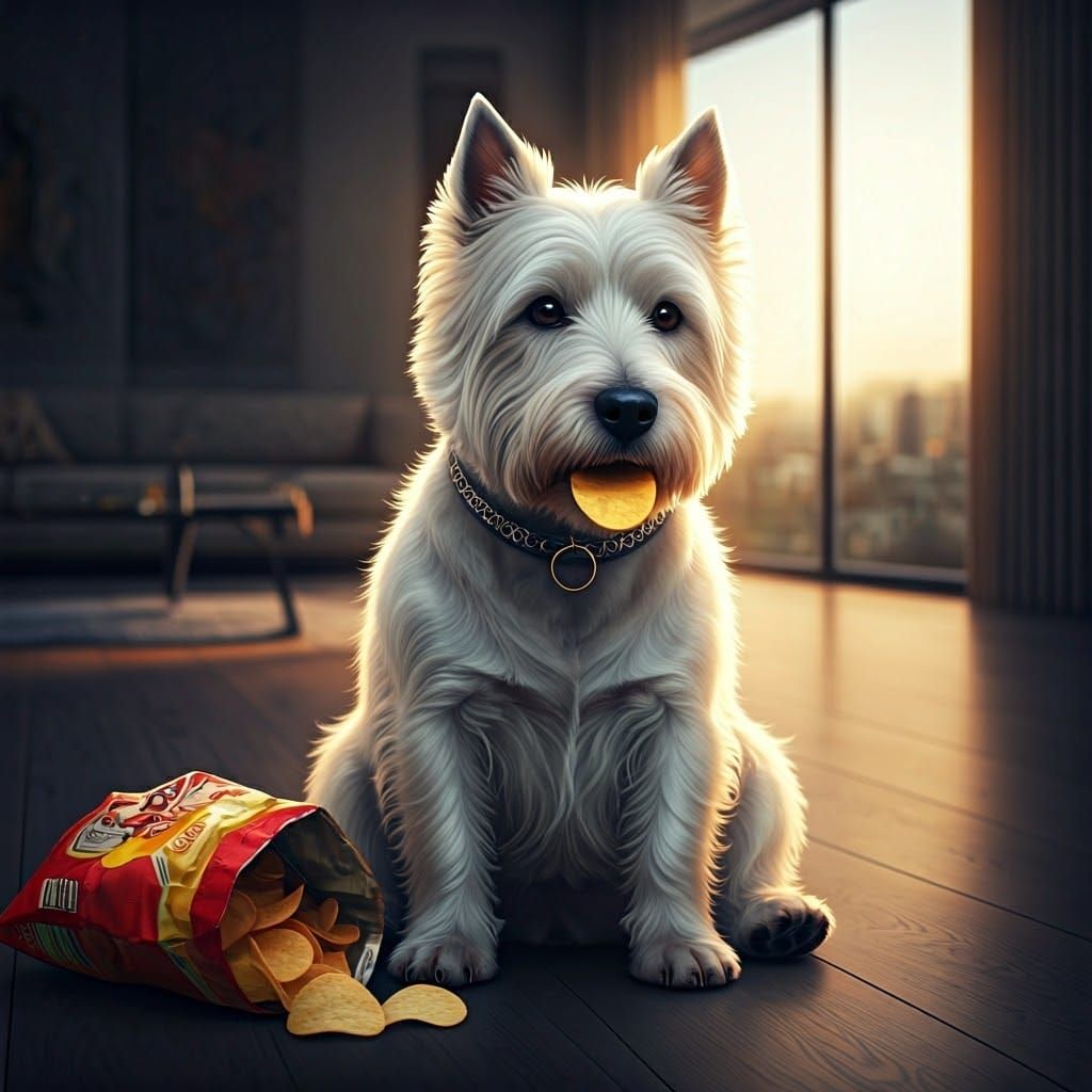 Westie Terrier Savoring Chip in Modern Living Room