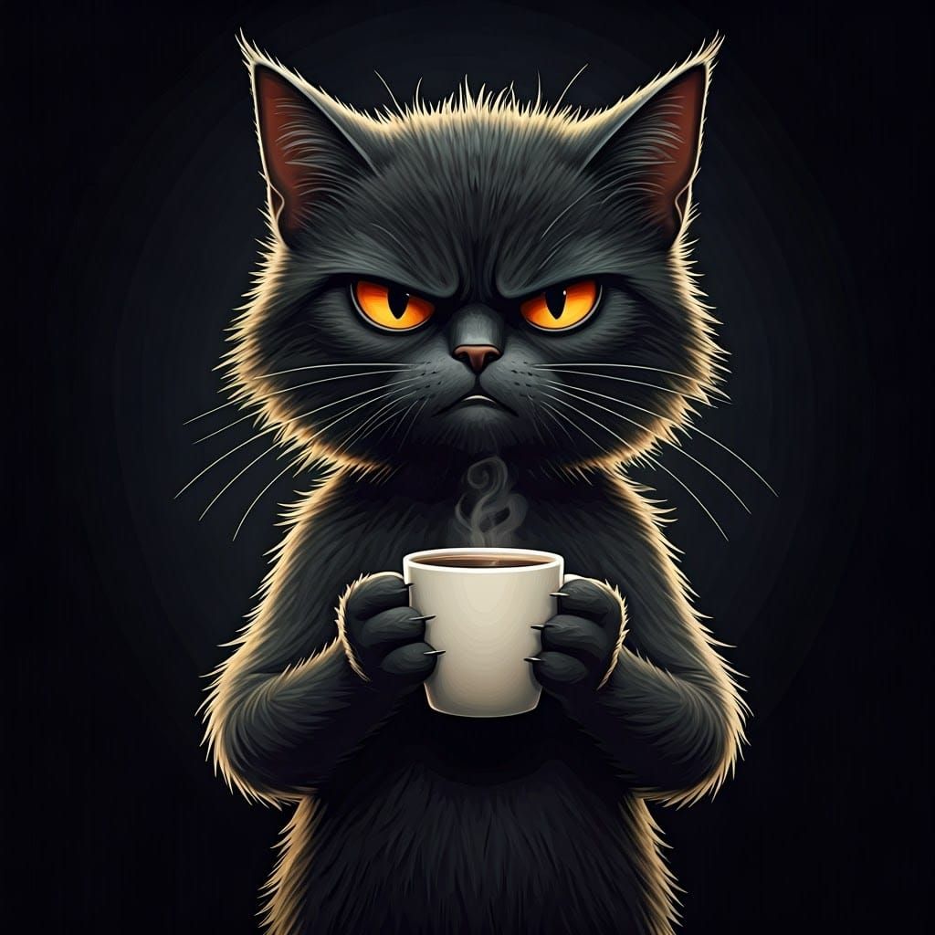 Grumpy Black Cat in a Coffee Cup