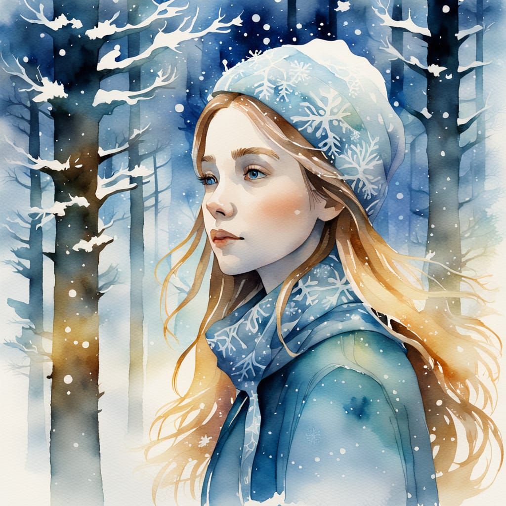 Claire in Winter Forest: Watercolor Surrealism