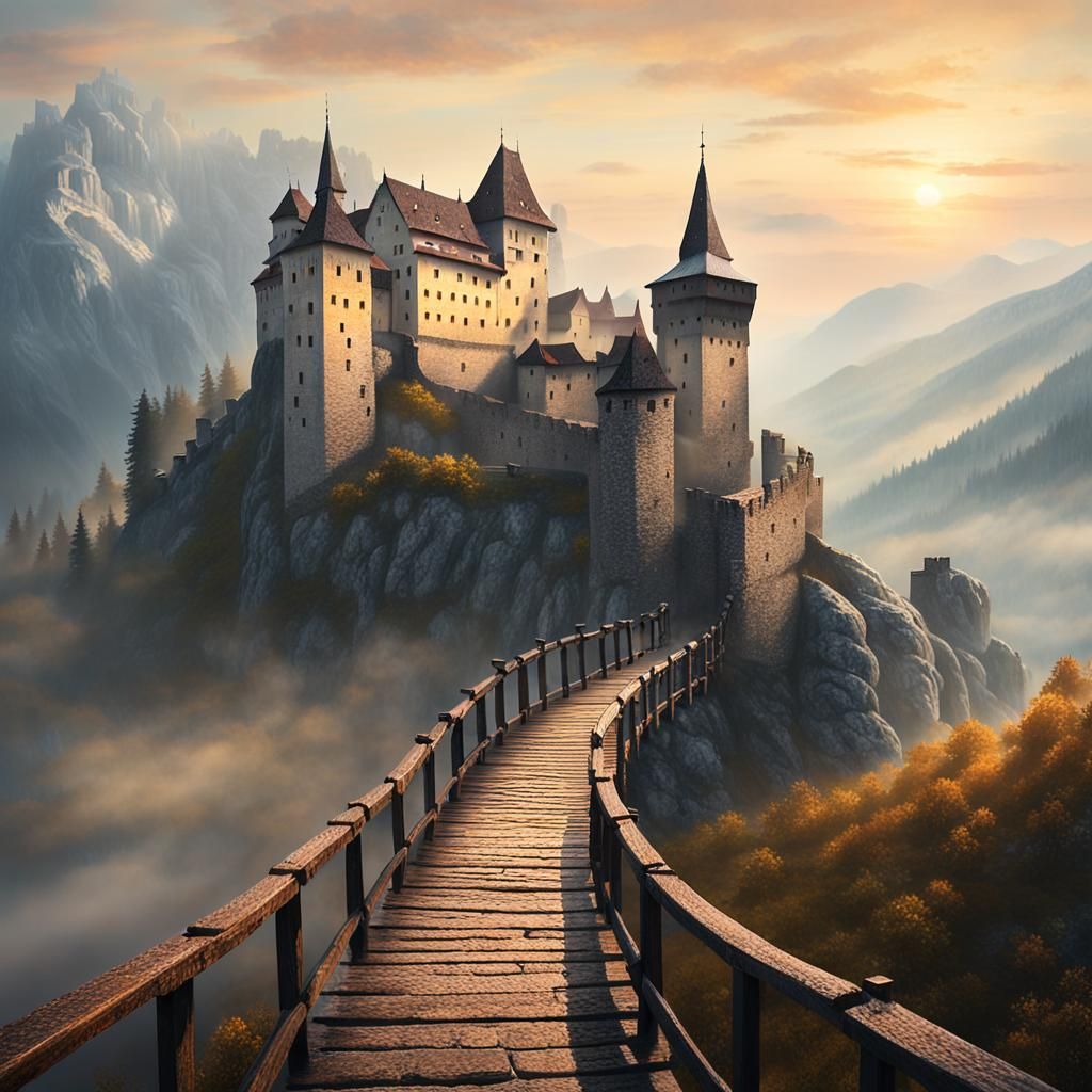 Grimmenstein Castle in Misty Mountains: Oil Painting