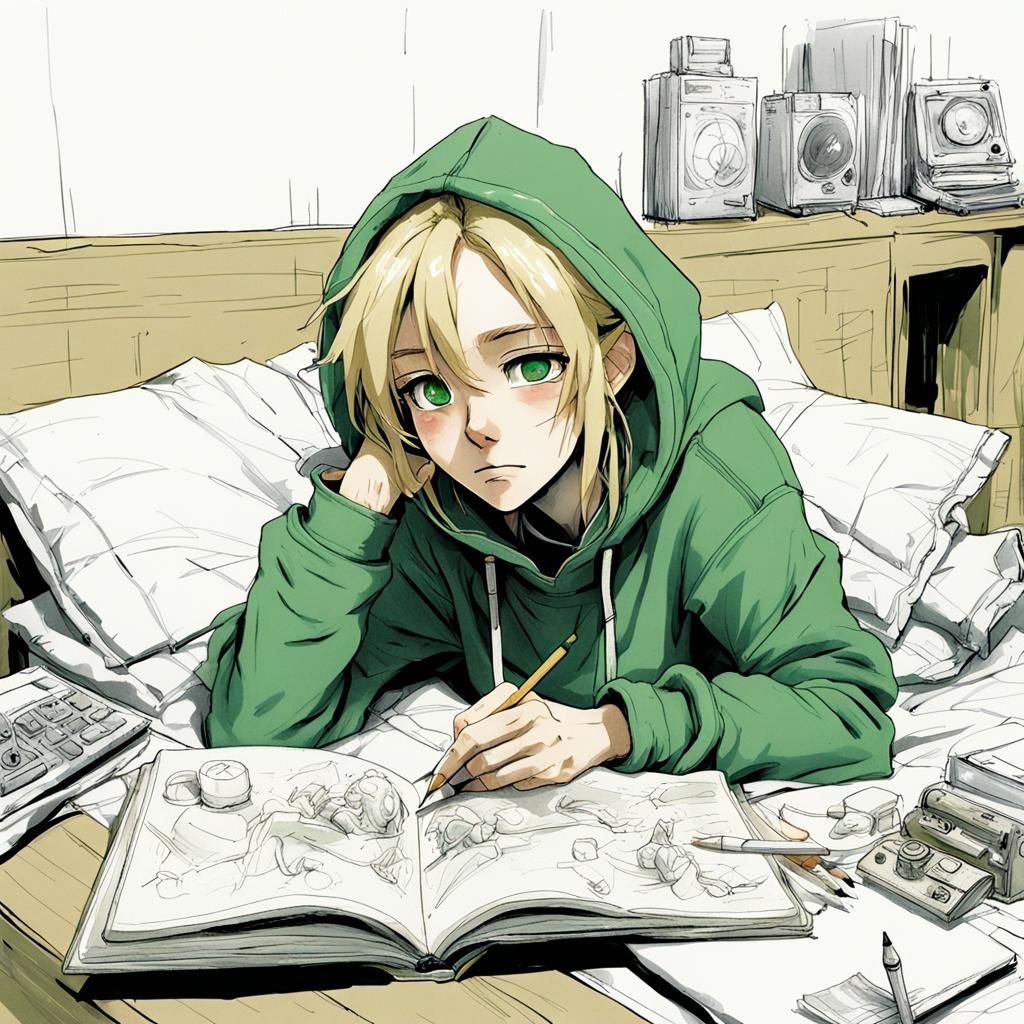 Girl Sketching on Bed, Anime Style Art