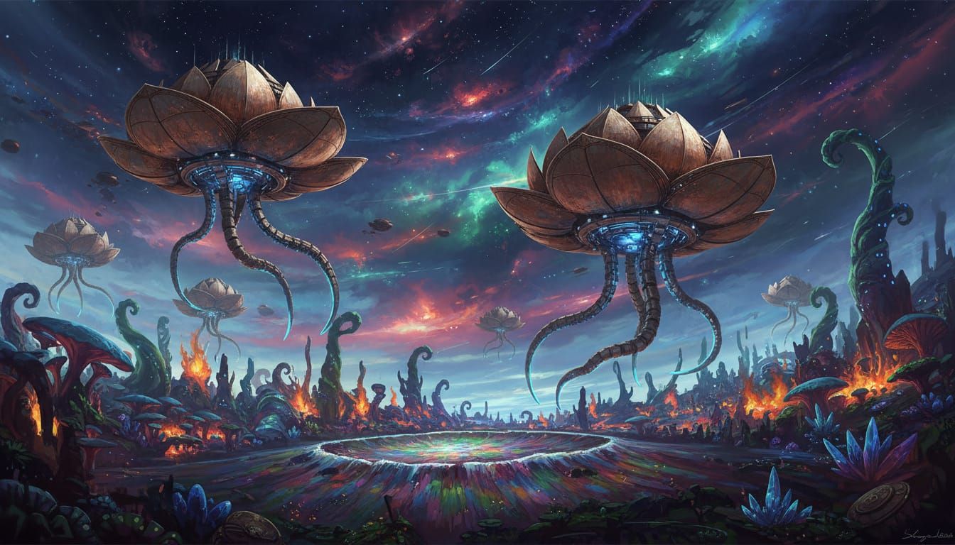 Lotus Spaceships Descend on Alien World