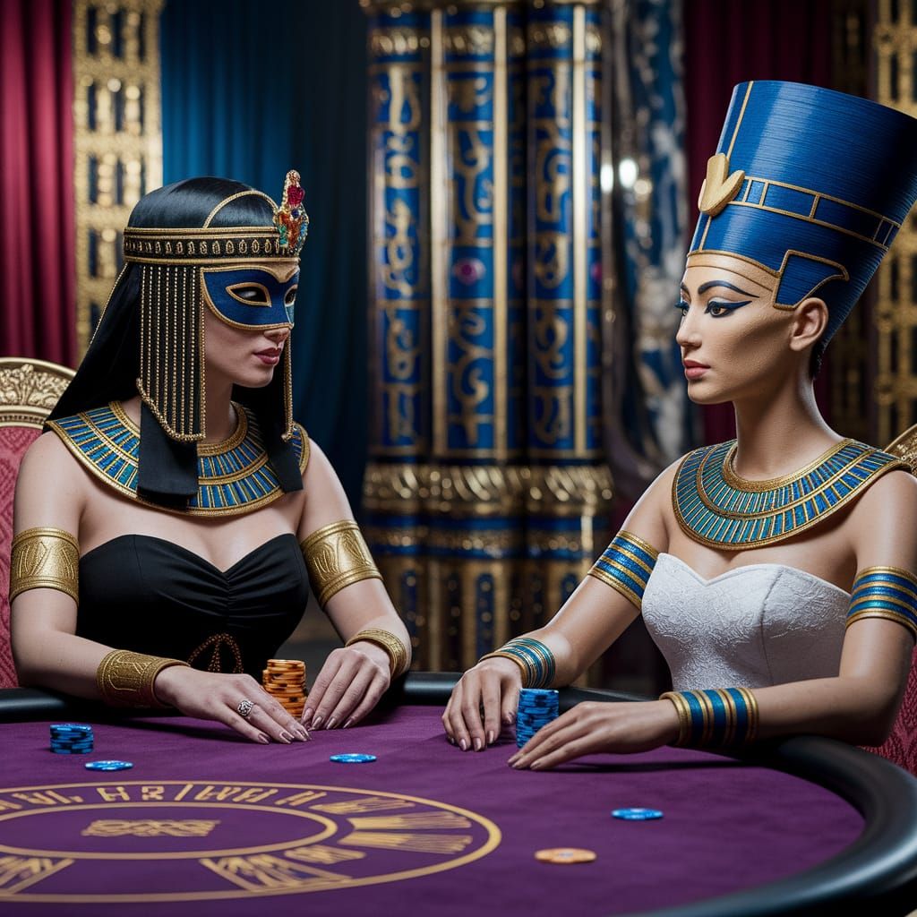 Cleopatra and Nefertiti Play Poker in Venetian Masks