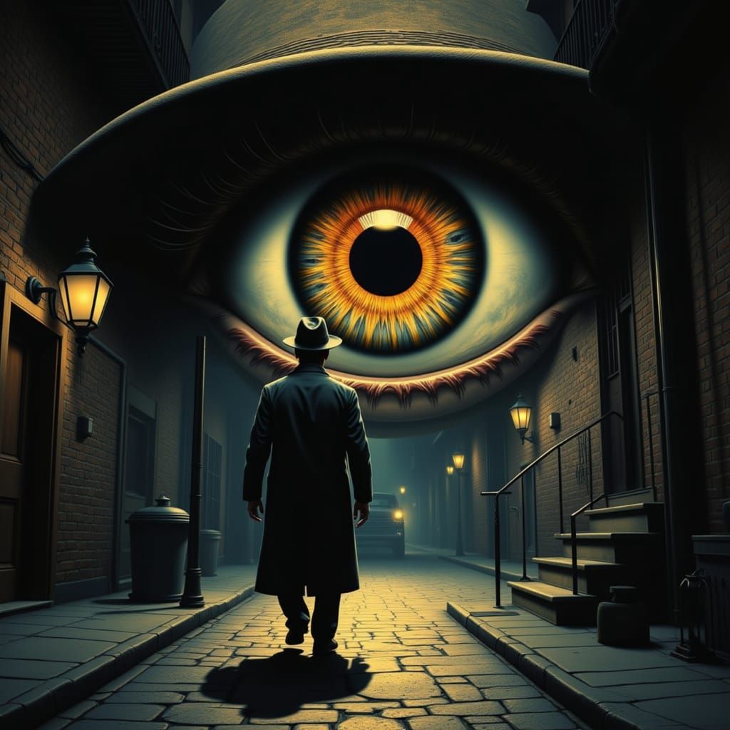Film Noir Detective Eye in Fedora, Glowing Iris