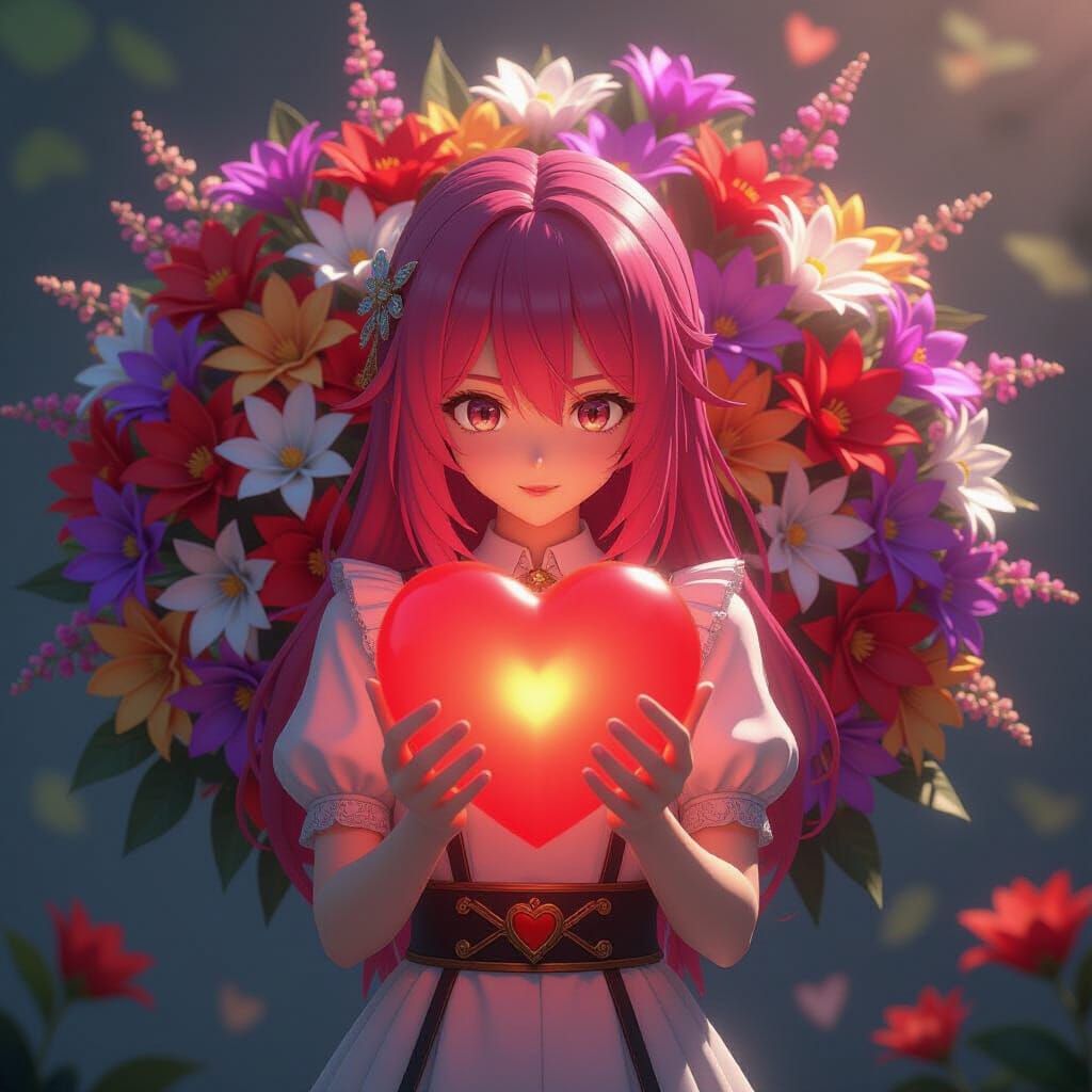 Anime Girl With Glowing Heart Amidst Exotic Flowers