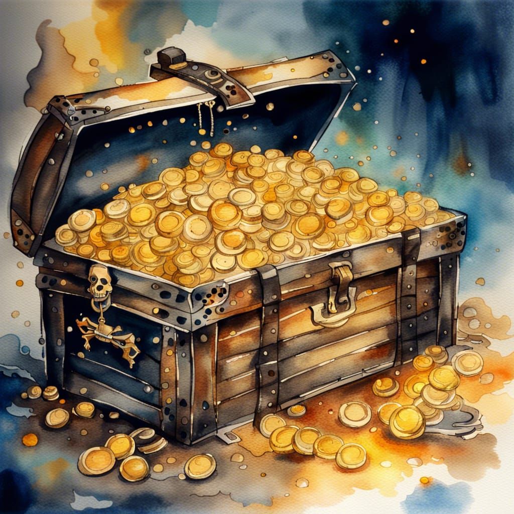 Watercolor Pirate Chest of Gold Doubloons