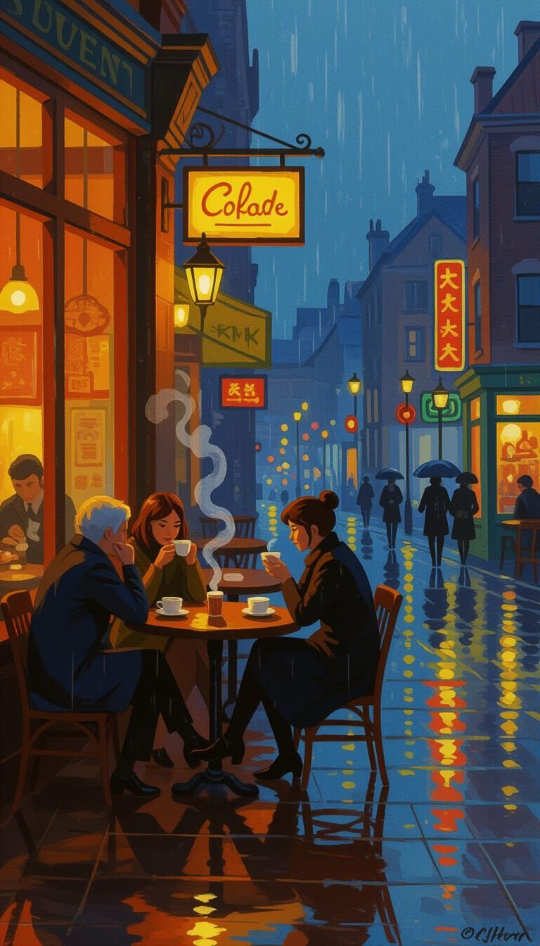 Quaint Night Cafe in Nostalgic Realism Style