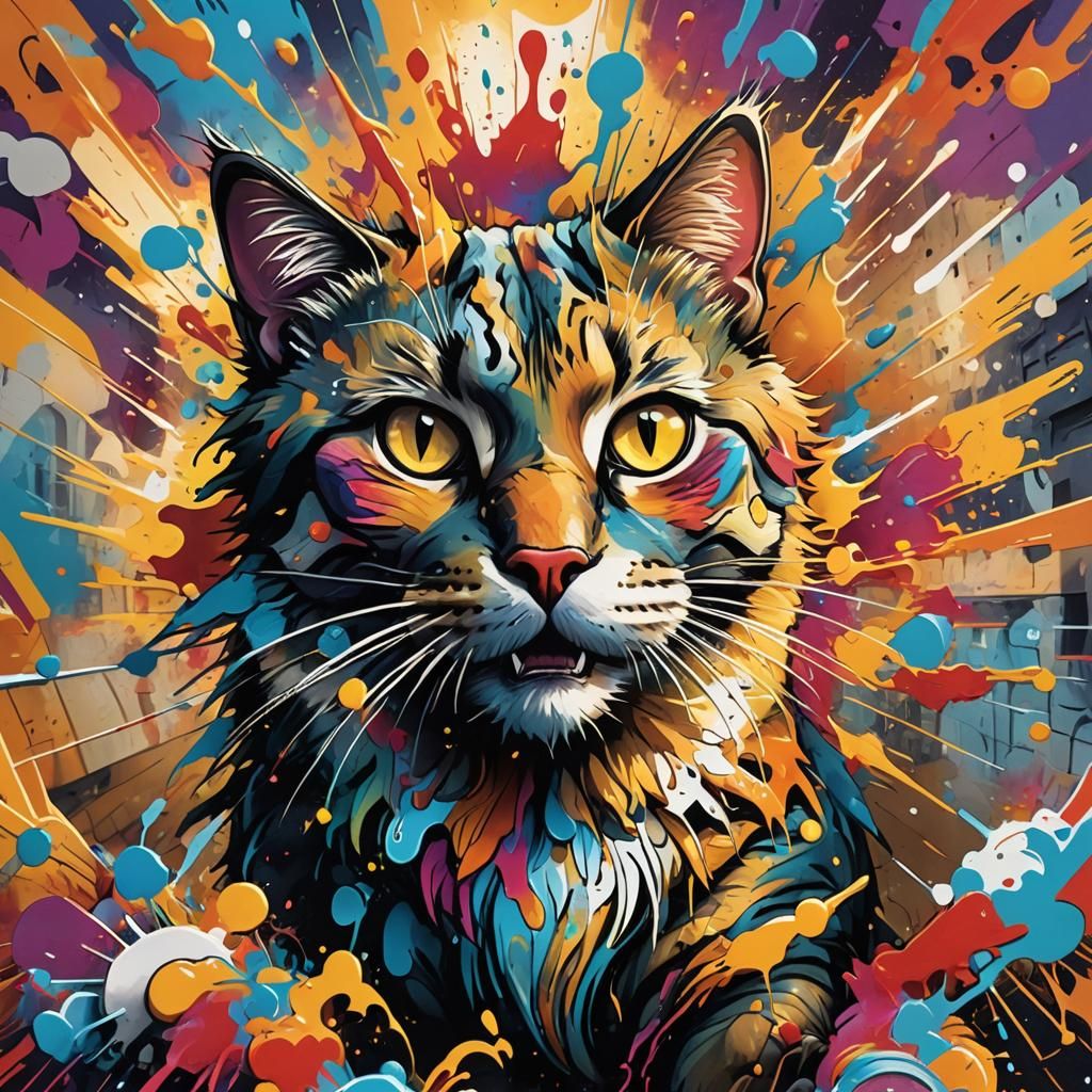 Exploding Cat Graffiti Art in Urban Style
