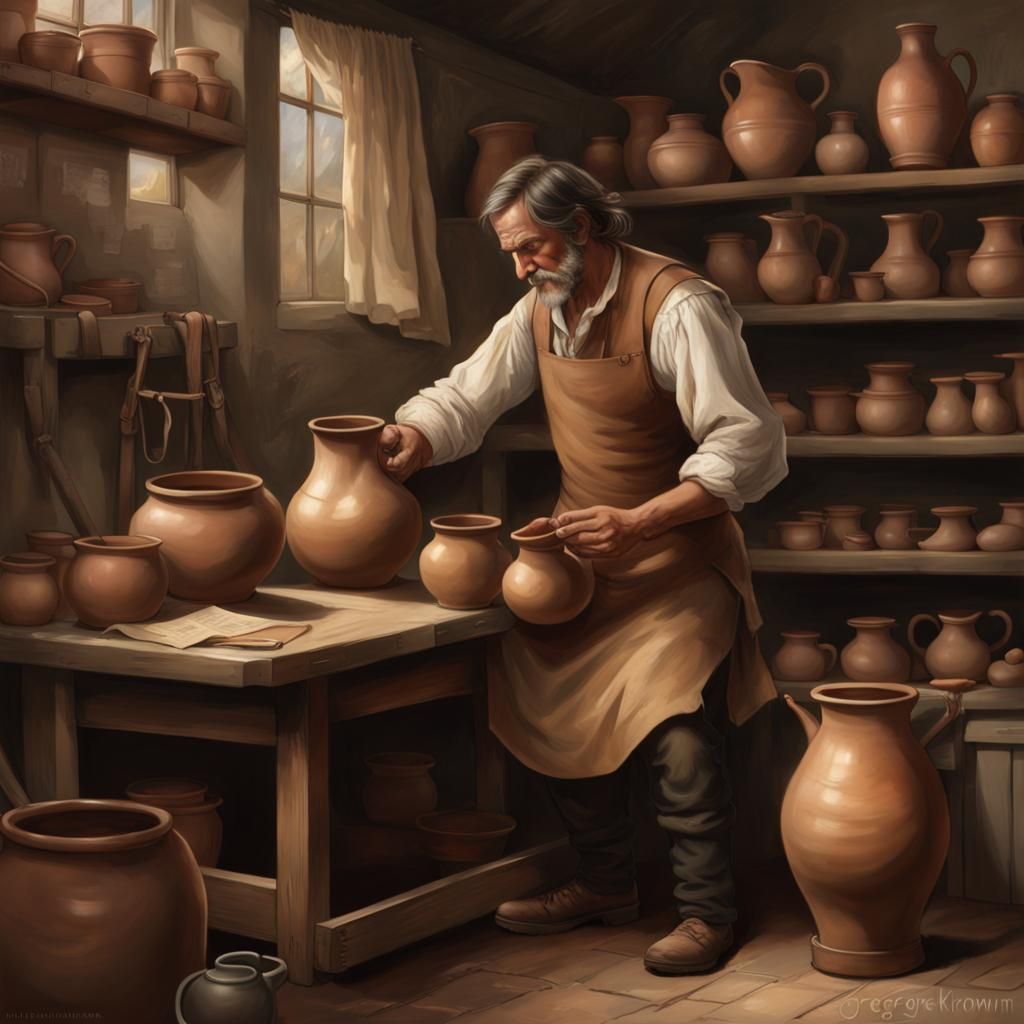 Colonial Potter Selling Pitcher, Hyperdetailed Portrait