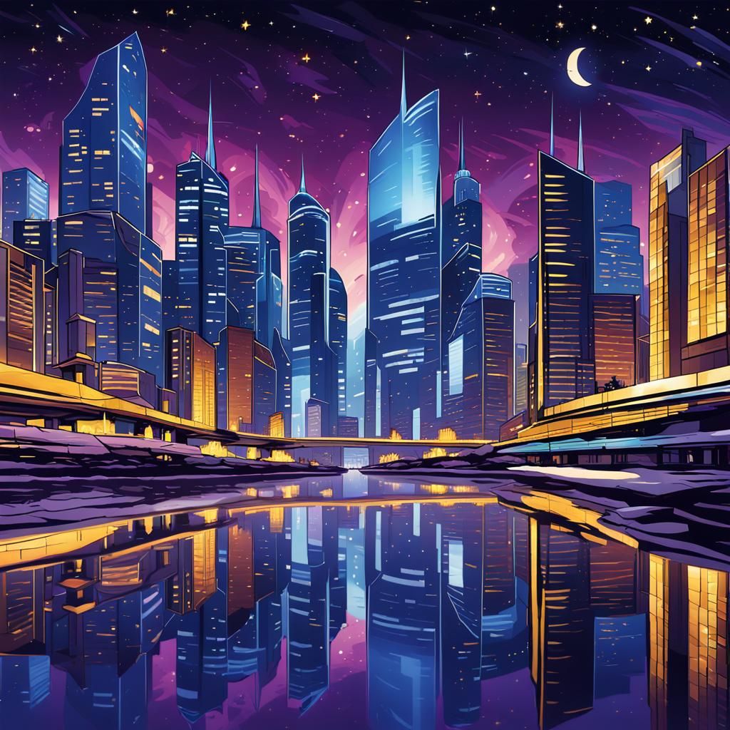 Futuristic Cityscape at Night in Comic Book Style