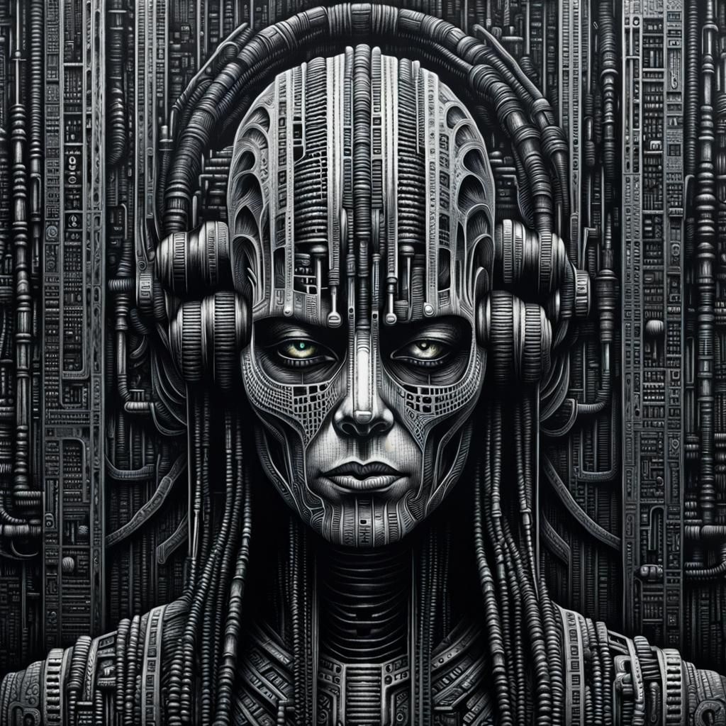 Dystopian Portrait with Binary Code in Giger Style
