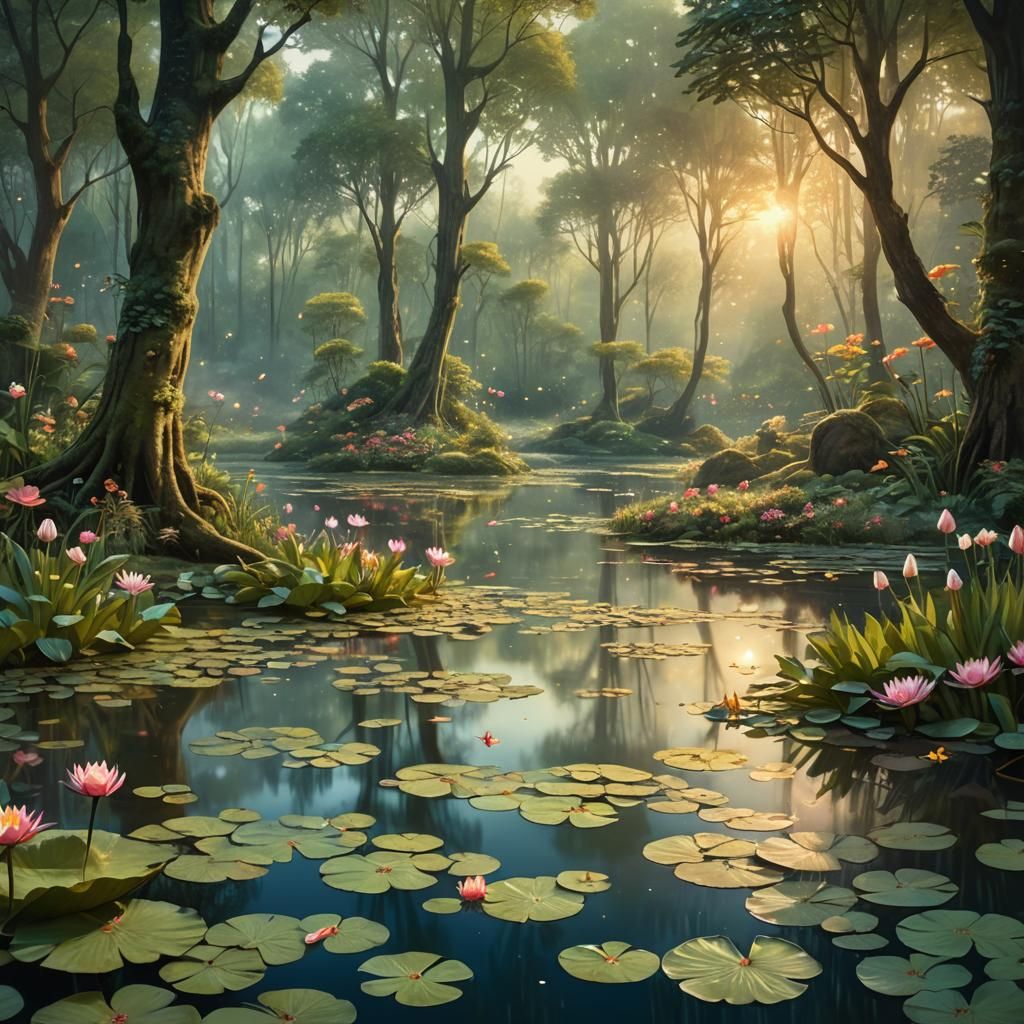 Lush Forest Pond in Whimsical Fantasy Landscape