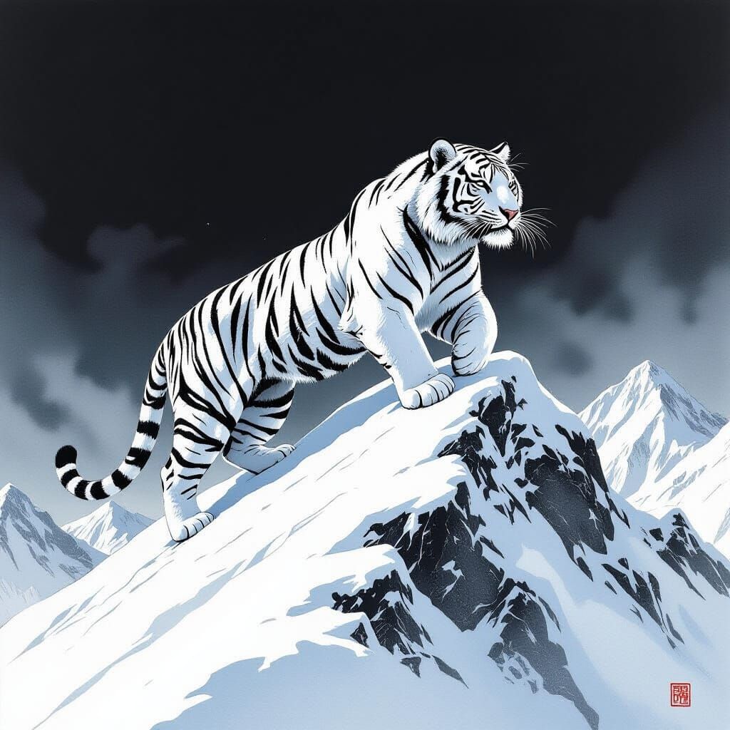 Siberian Tiger Slinky Hybrid Climbs Snowy Peak in Black and ...