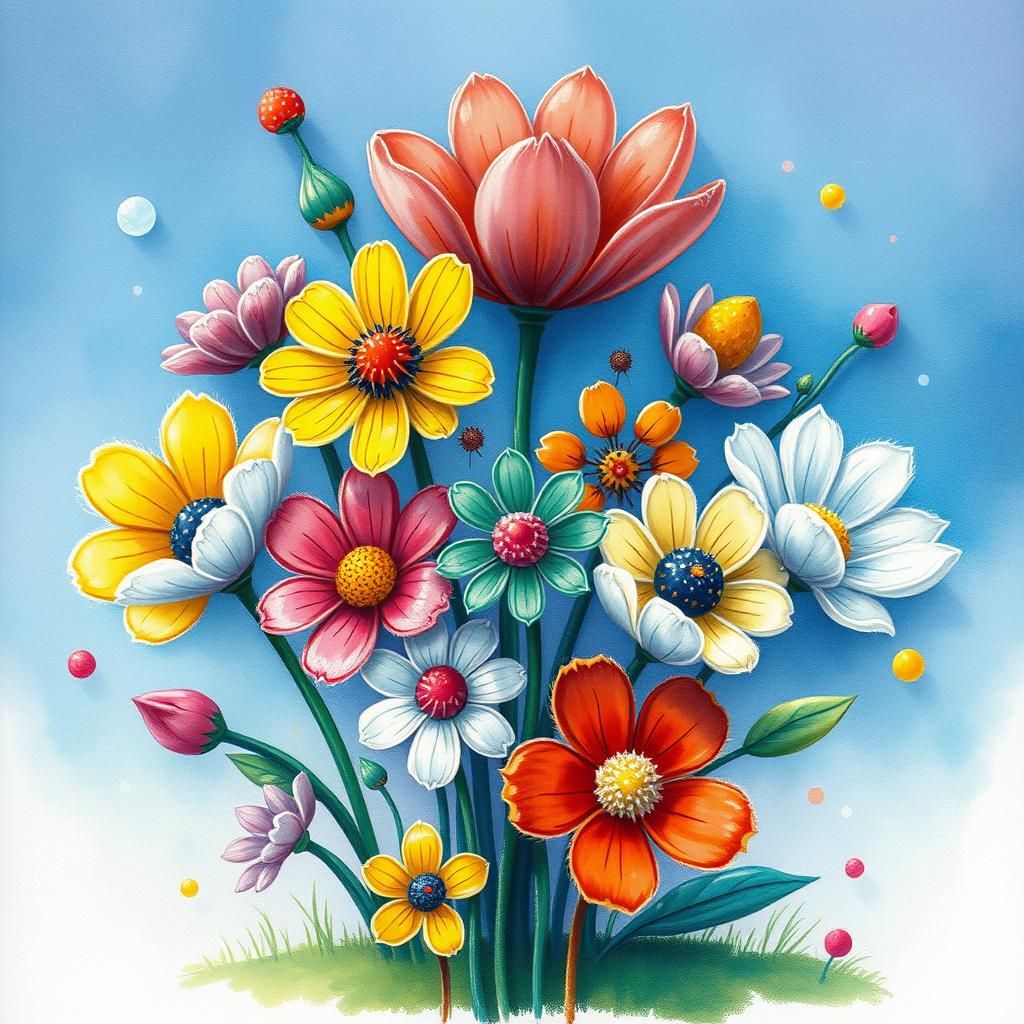 Naive Floral Cluster with Bold Lines and Dreamy Background