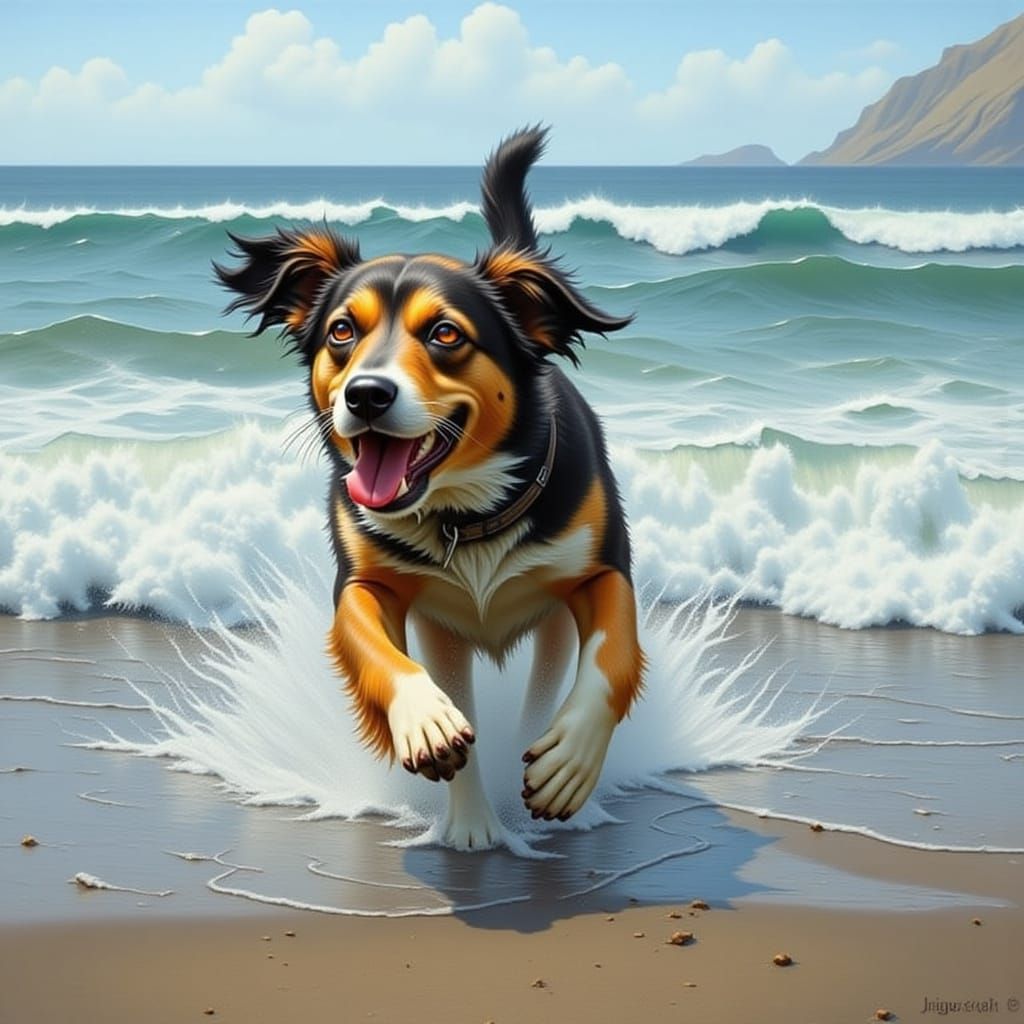 Dog Running on Beach in Dynamic Seascape