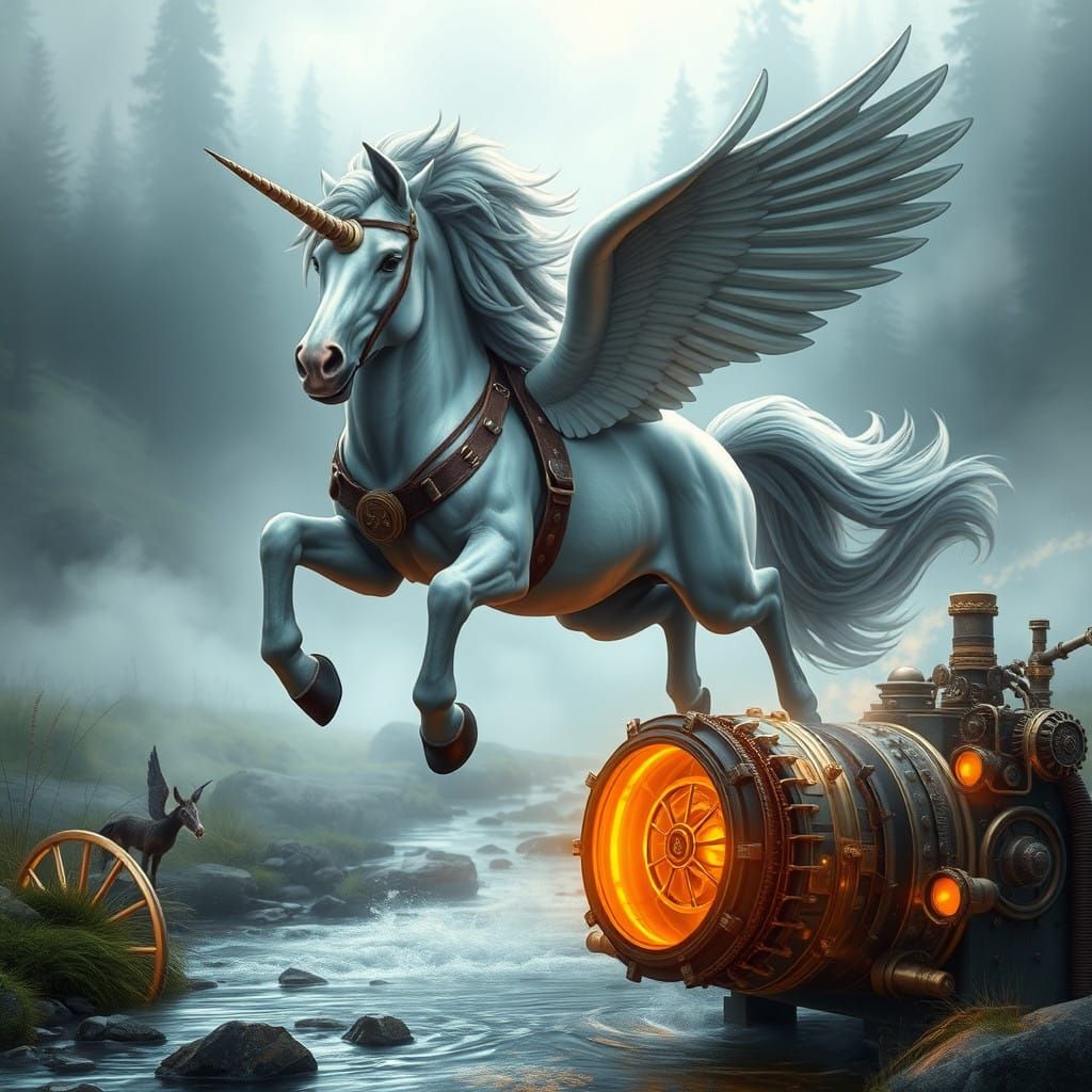 Majestic Steampunk Unicorn Leaps over Serene Brook