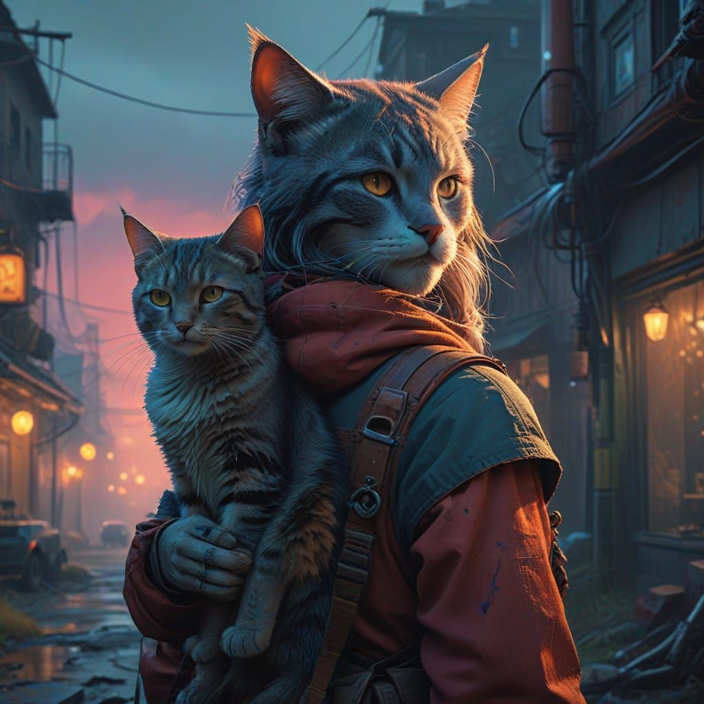 Mystical Woman with Feline Companion in Dreamlike Landscape