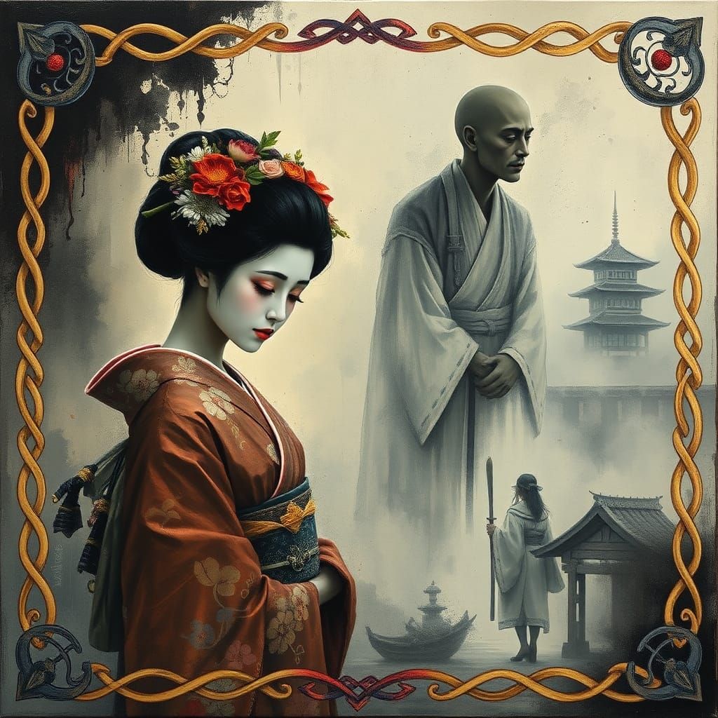 Geisha and Samurai Ghost in Impasto Style