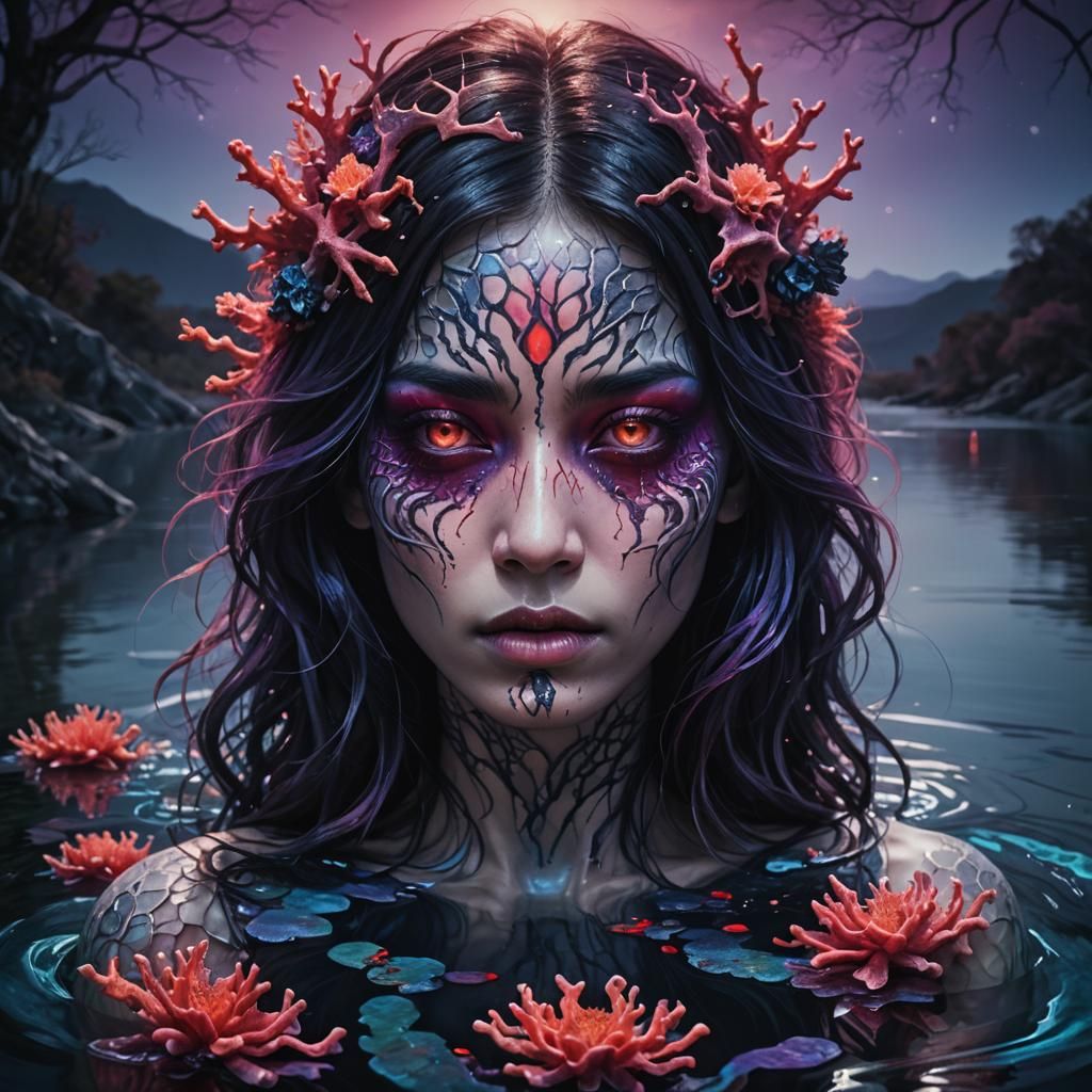 Coral-Skinned Girl Crying Under Moonlight