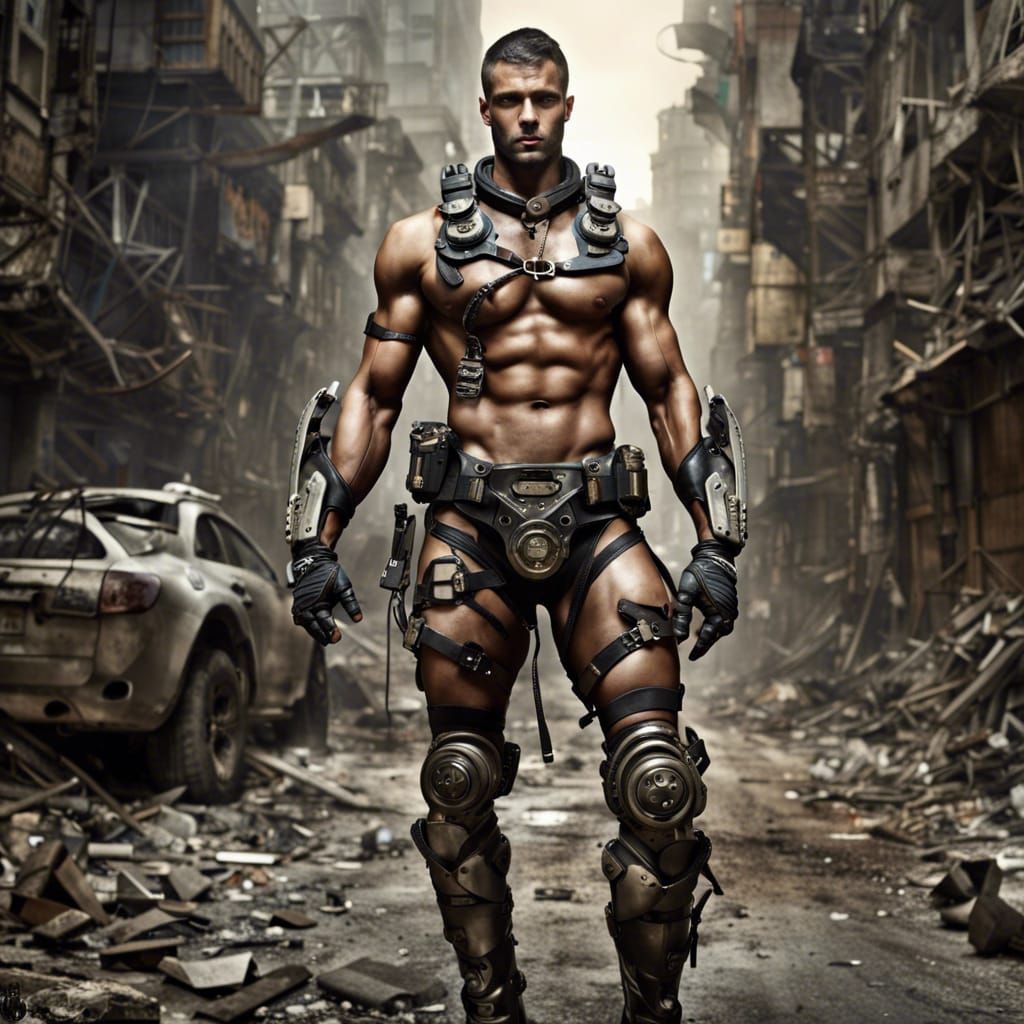 Handsome Cyborg Hunk in Dystopian City