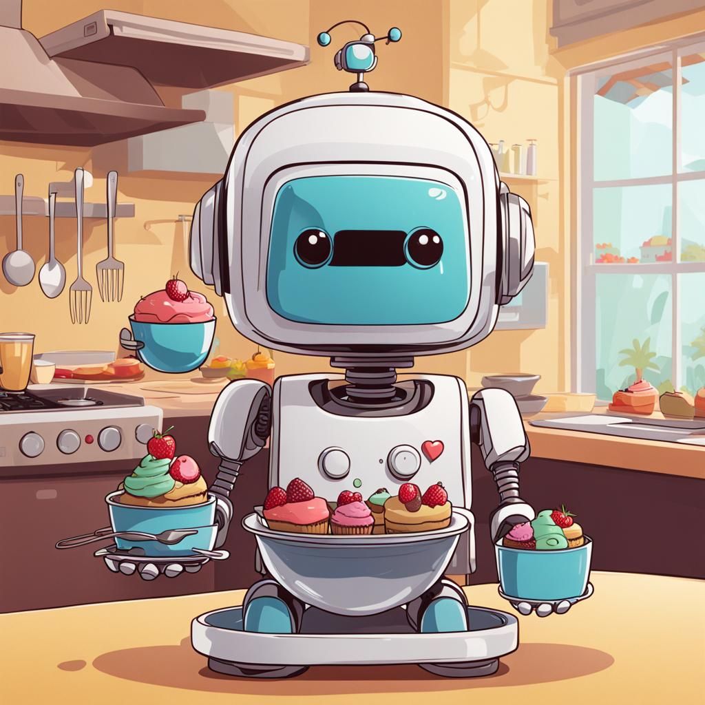 Cute Cartoon Robot Cooking Desserts