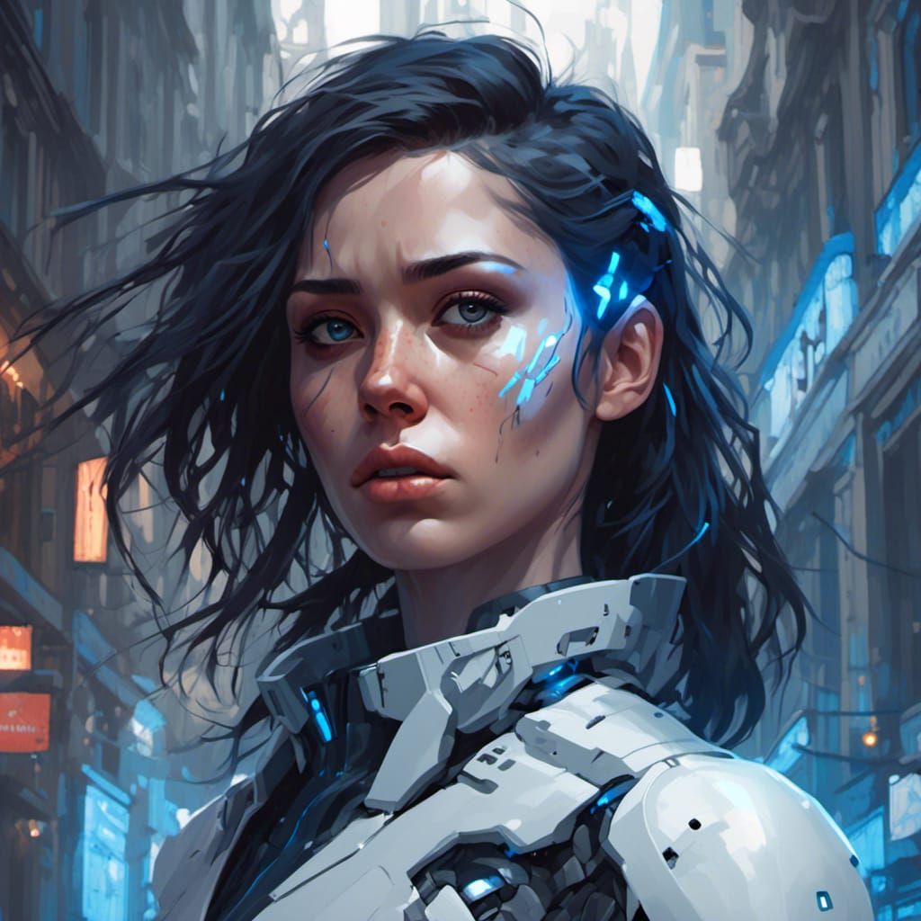 Brunette Cyborg Head in Hyperdetailed Blue Cityscape