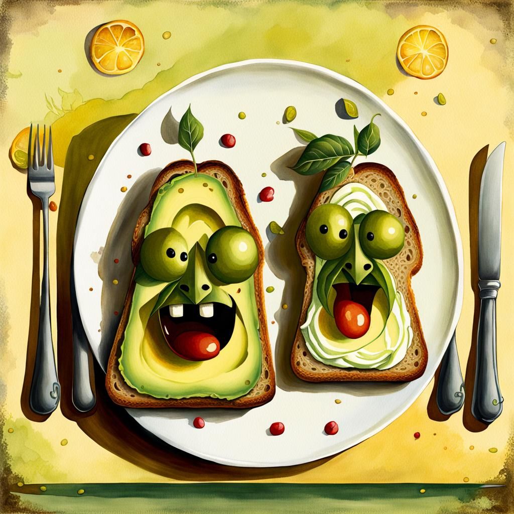 Whimsical Anthropomorphic Avocado Toast Watercolor