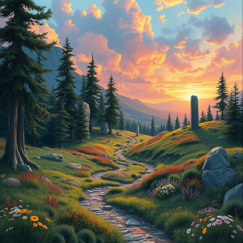 Nordic Valley Scene in Oil and Guache Melting Comic Style