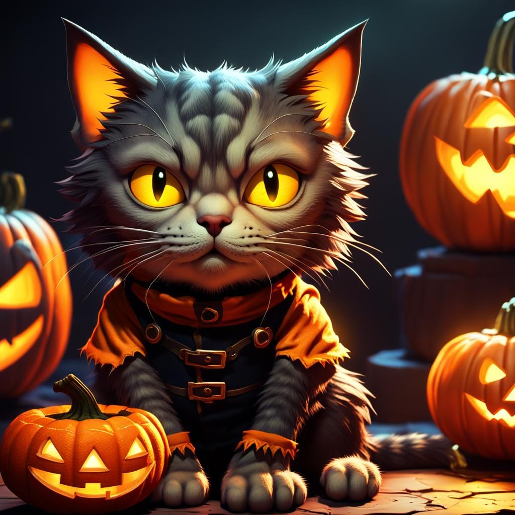 Frankenstein Cat with Jack-O-Lantern: Pixar-Inspired 3D Art