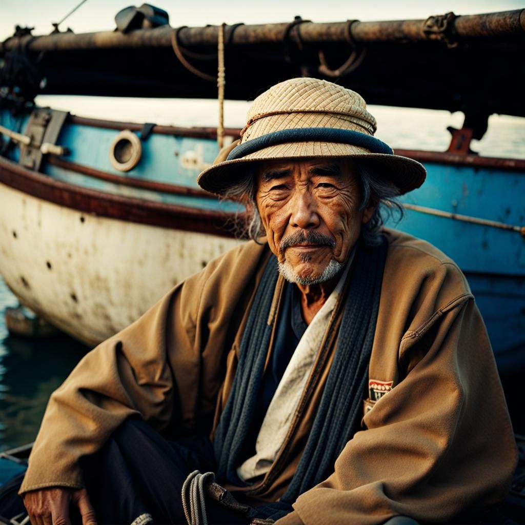 Worn Japanese Fisherman Portrait in Hyperrealistic Style