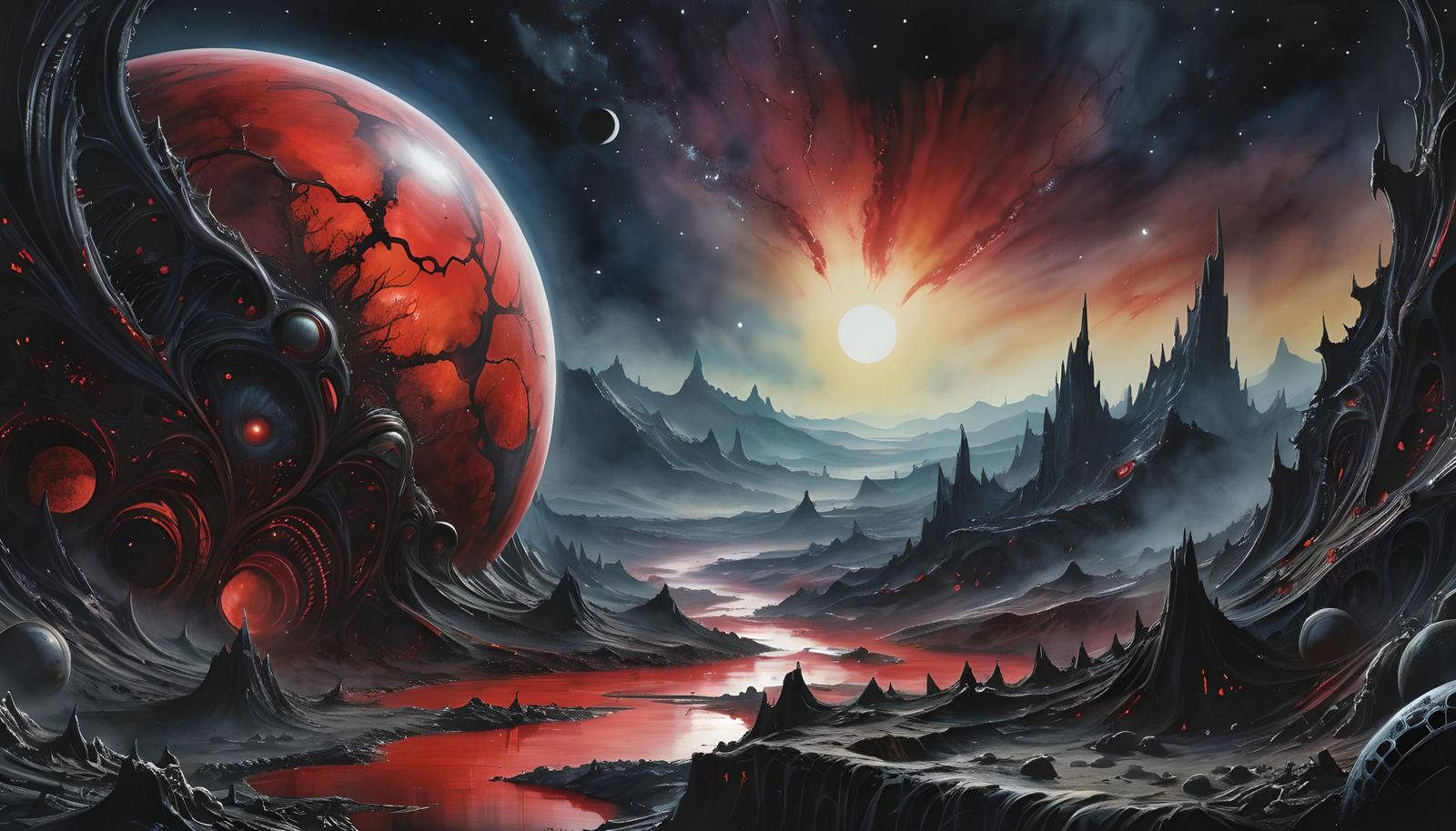 Detailed Alien Planet at Night in Watercolour Style