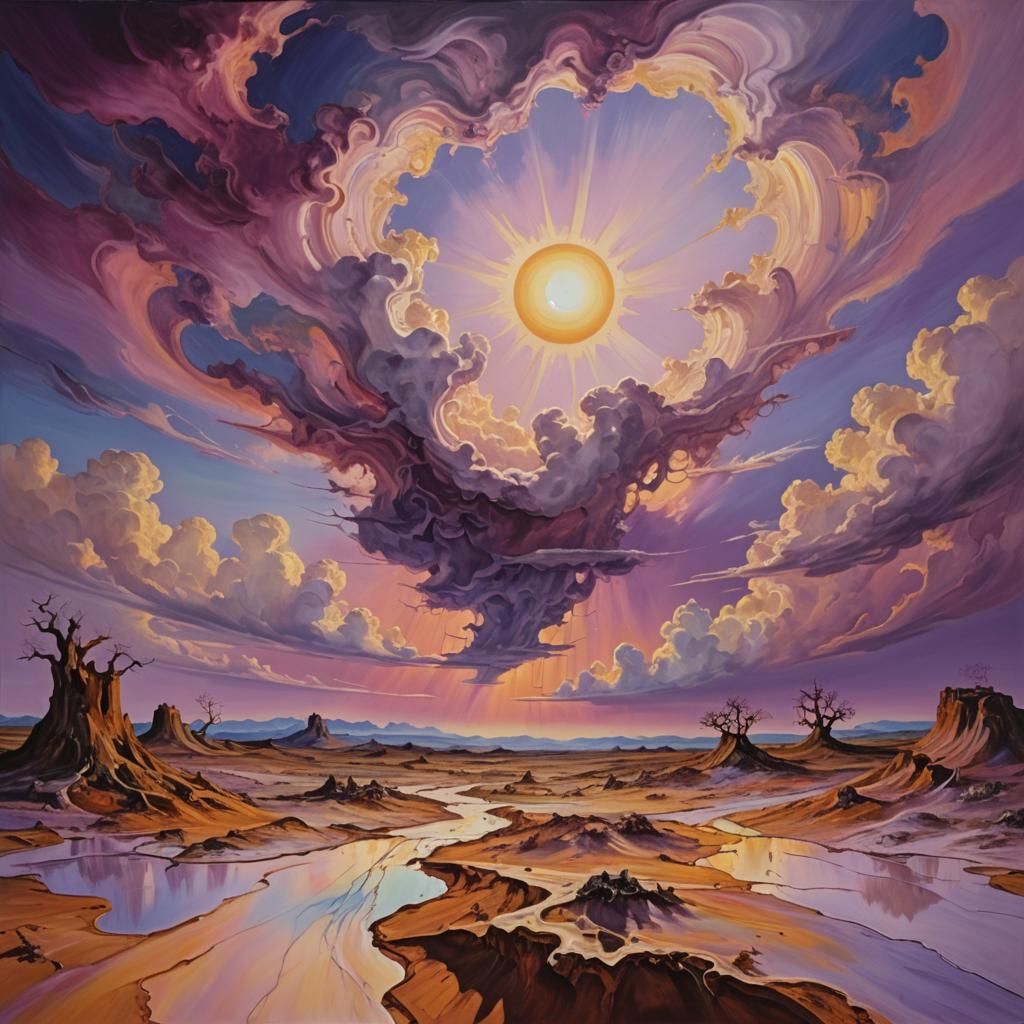 Melting Sun in Dreamlike Surrealist Oil Painting