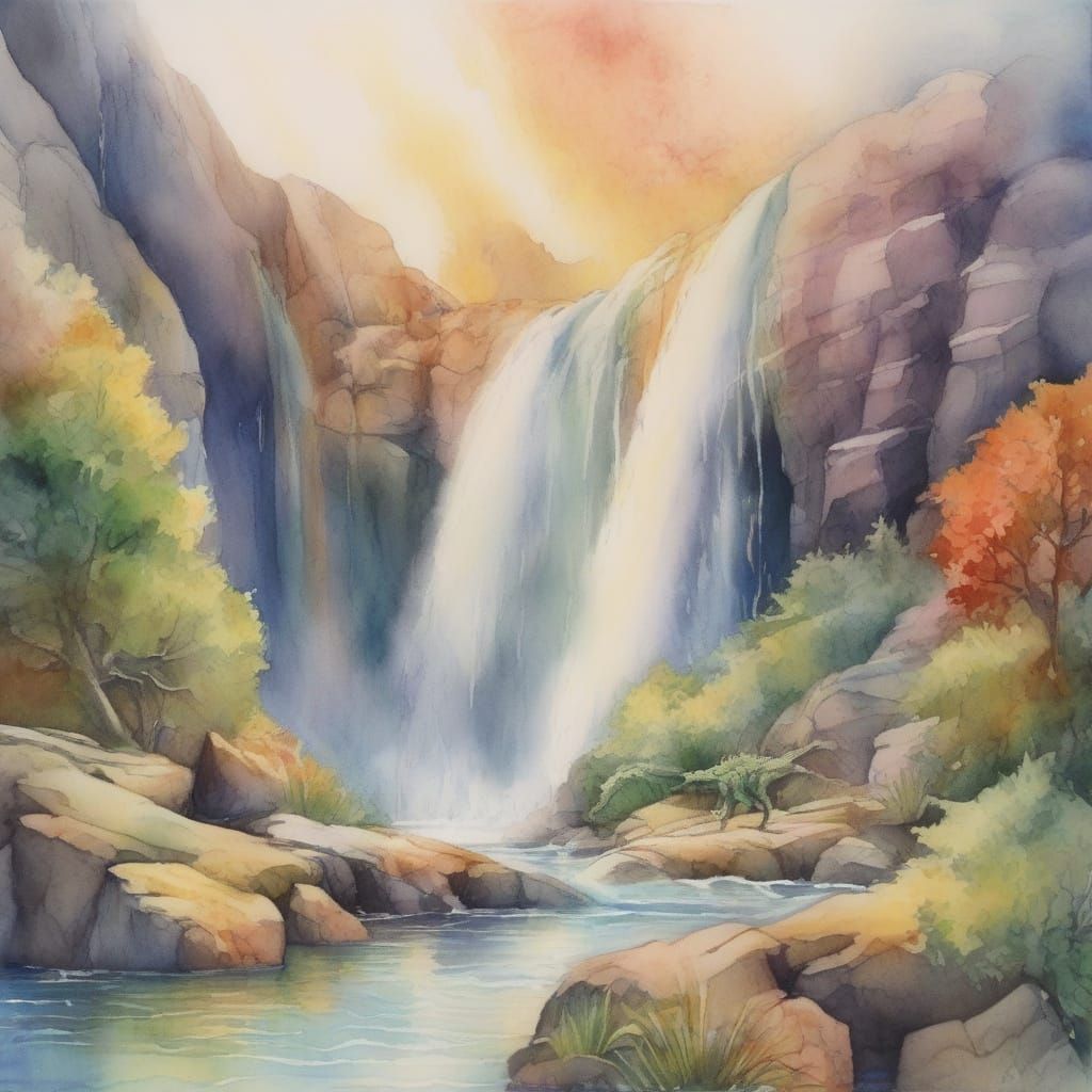 Metallic Dragon by a Waterfall in Watercolor