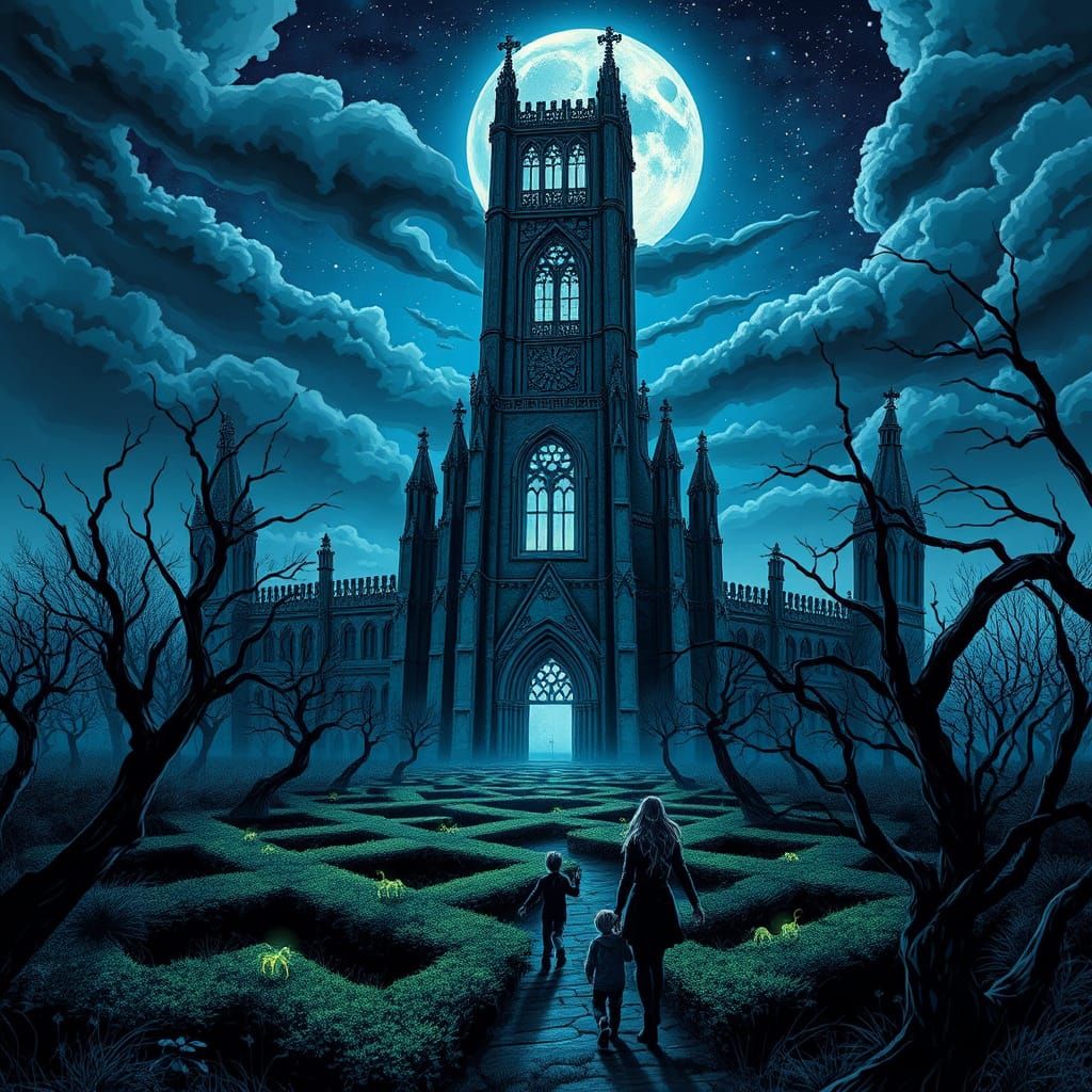 Gothic Cathedral Maze Under Moonlight in Sinister Style