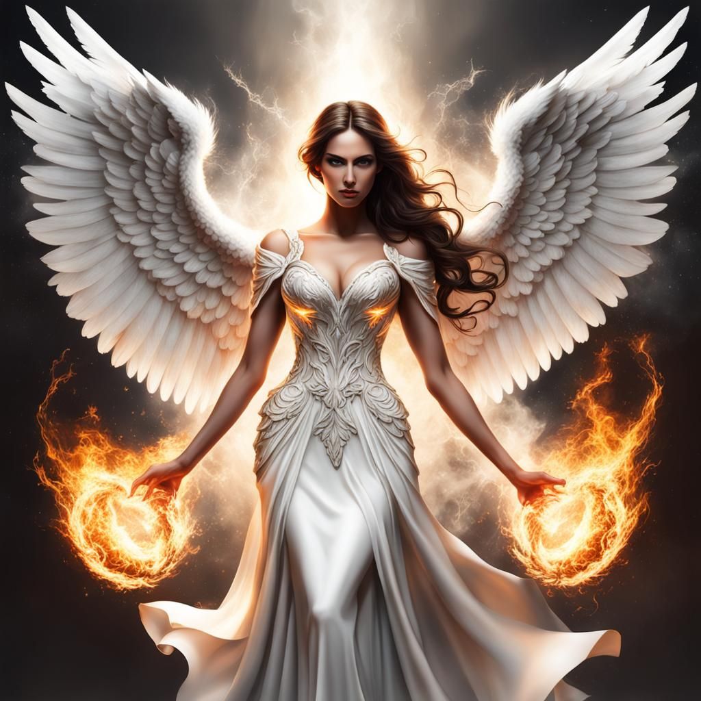 Angel with White Wings and Fiery Woman