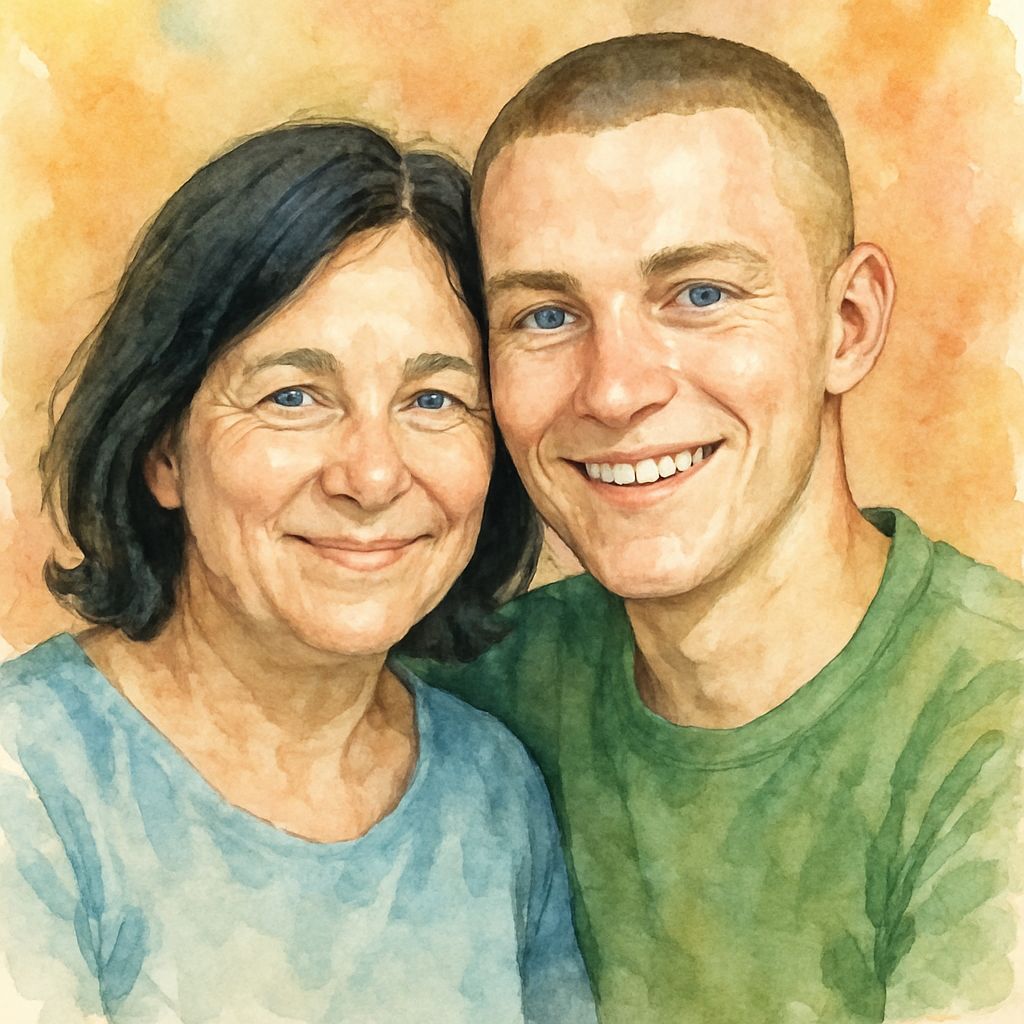 Warm Portrait of a Young Man and His Elderly Mother in Water...