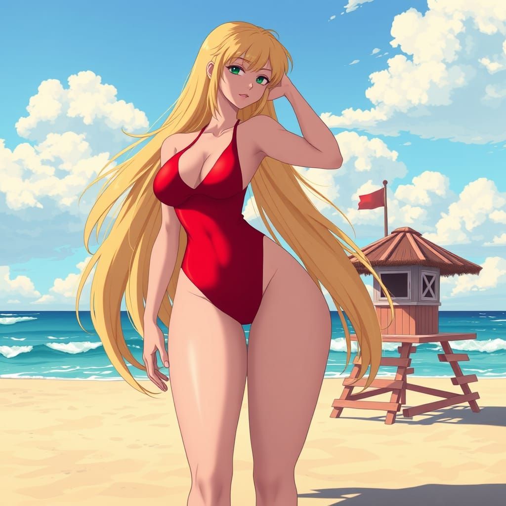 Giant Blonde Woman on Beach in Anime Style
