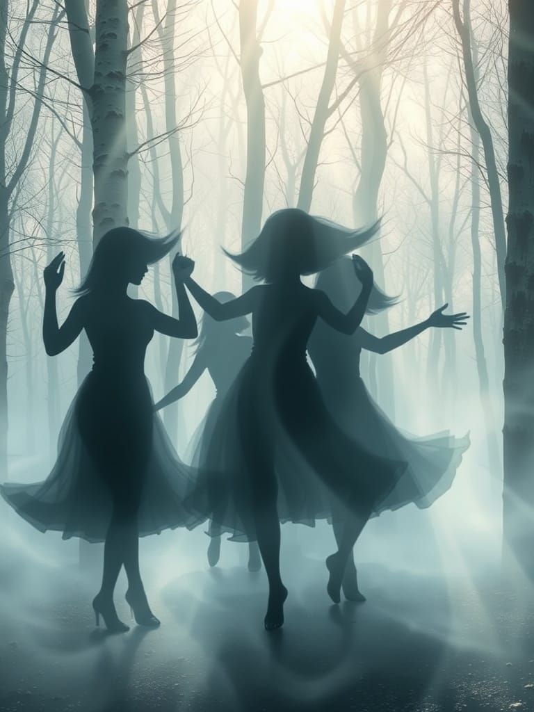 Swirls of mist coalesce to form dancing figures in a misty b...