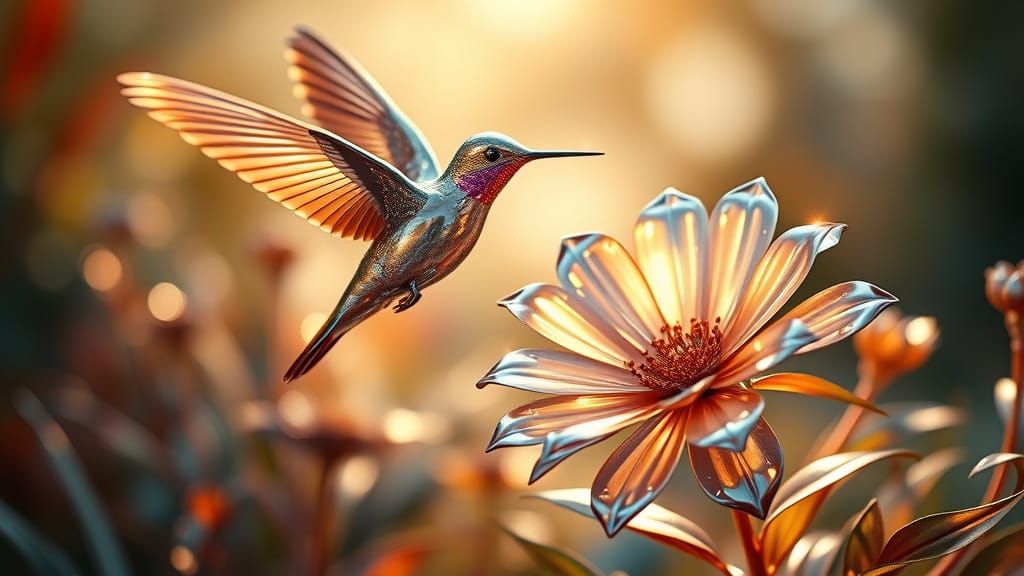 Ethereal Chrome Hummingbird in Shimmering Metallic Garden