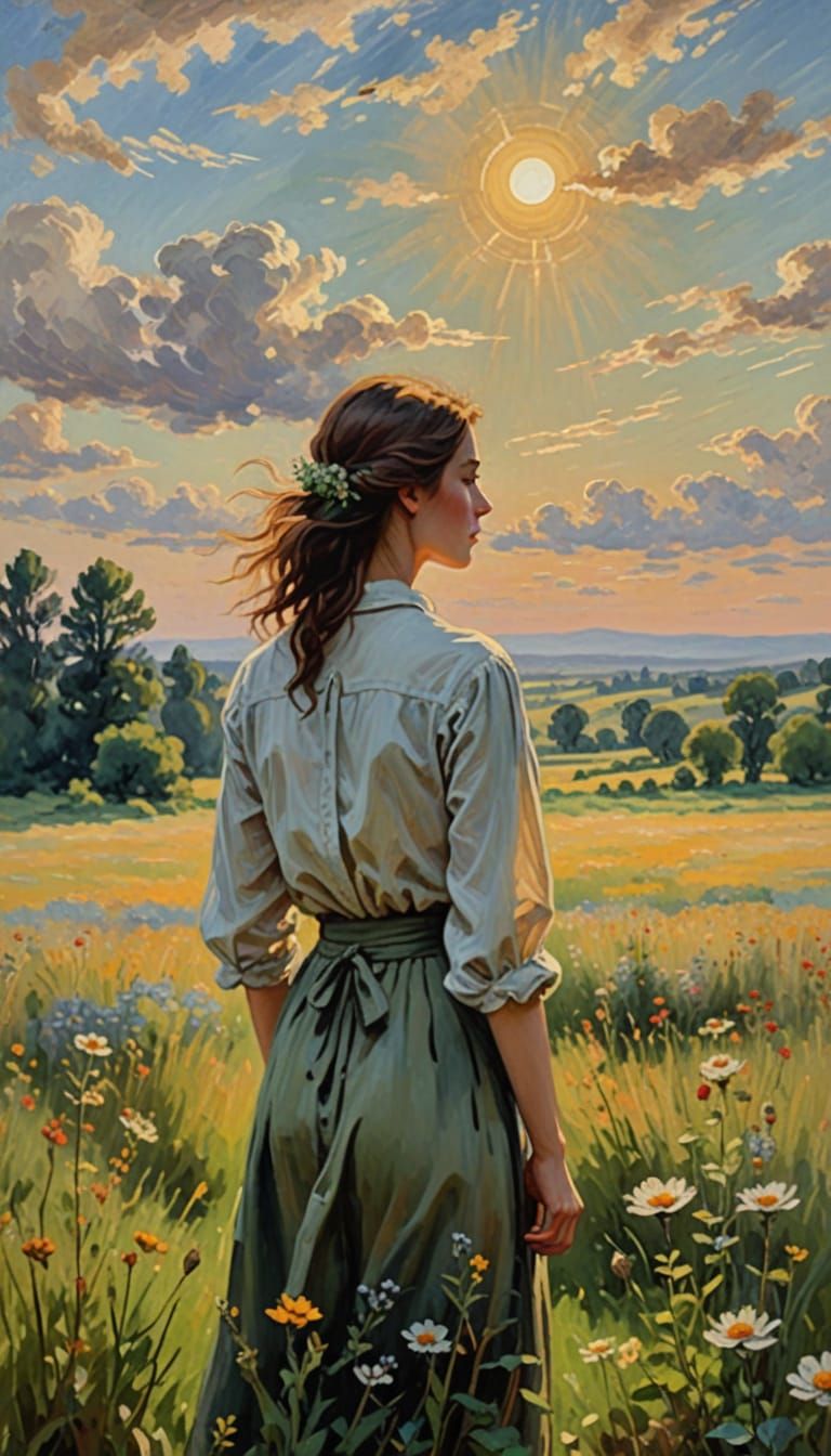 Warm Impressionist Landscape with Woman Under Clear Skies