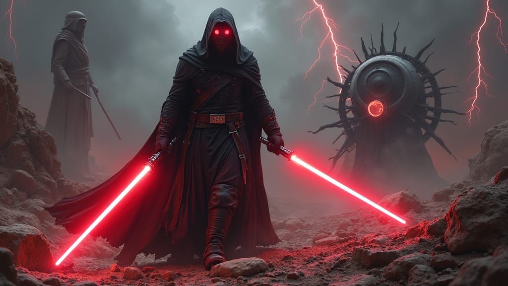 Sith Lord Rising from Ancient Ruins in Steampunk Style