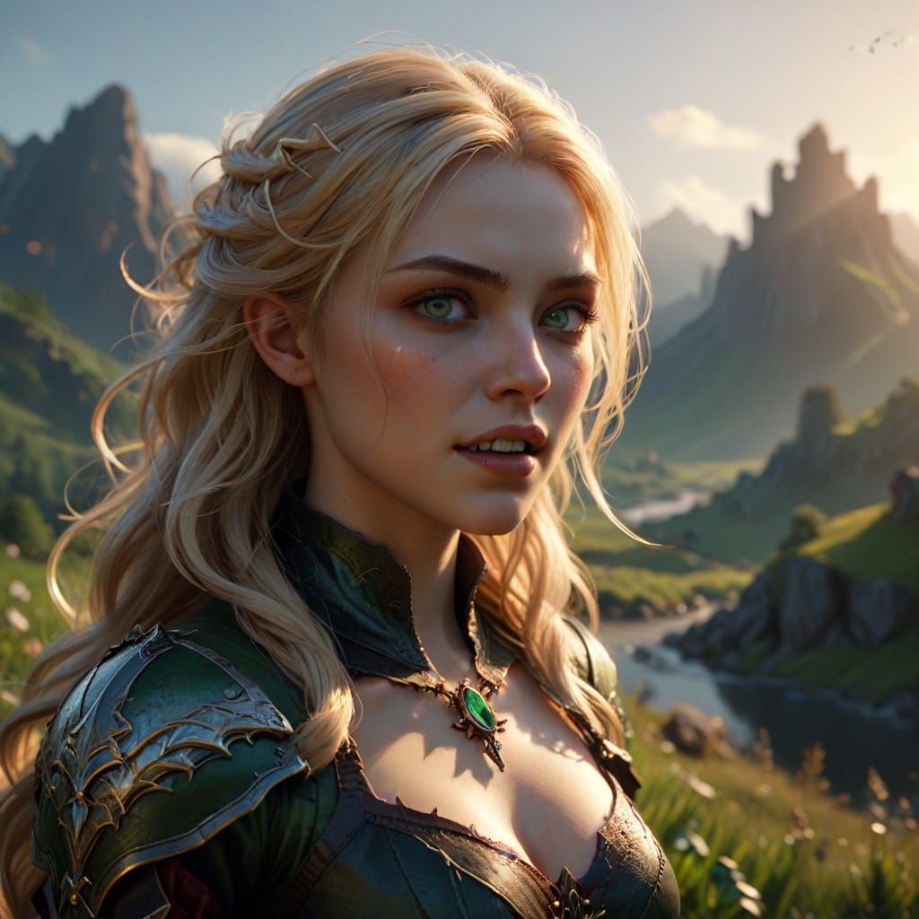 Vampire Woman Enjoys Sunny Day in Fantastical Landscape