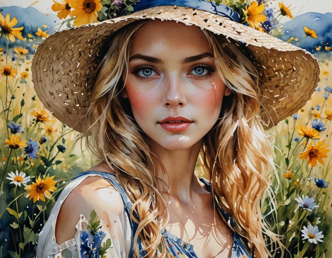 Happy Woman in Wildflower Meadow Watercolor