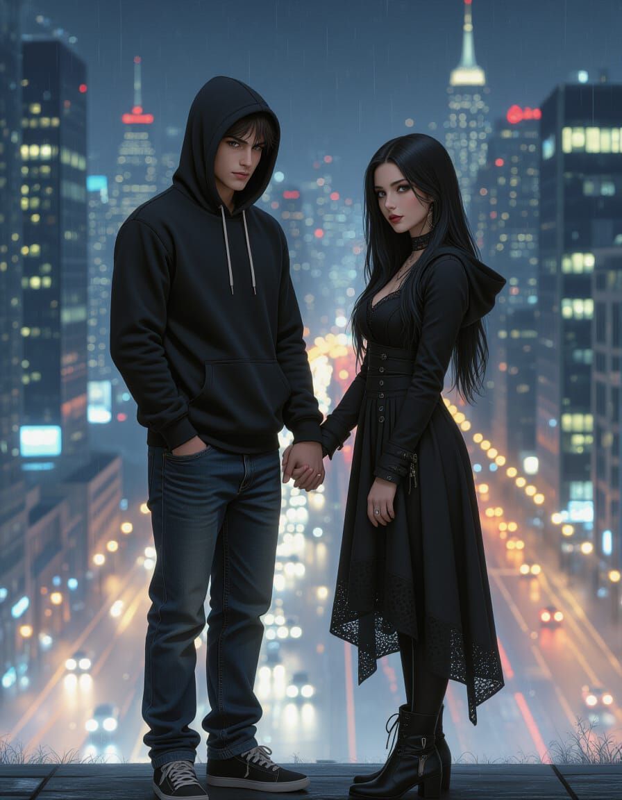 Photorealistic Couple Holding Hands Amidst City Lights