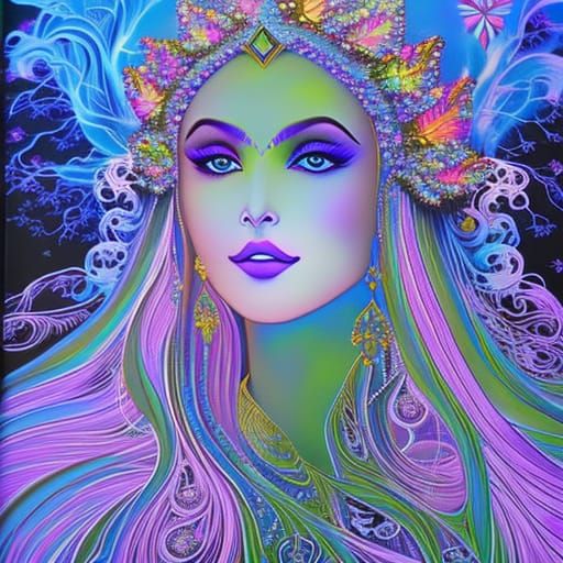 Glamorous Snow Queen in Enchanted Forest, Psychedelic Art