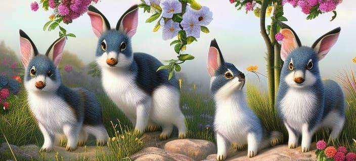 Happy Rabbit Family in Whimsical Garden, Digital Illustratio...