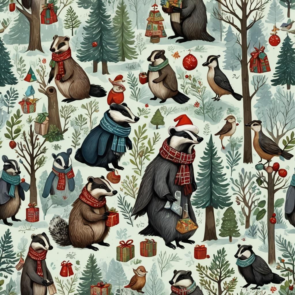 Festive Badger and Bird Christmas Forest