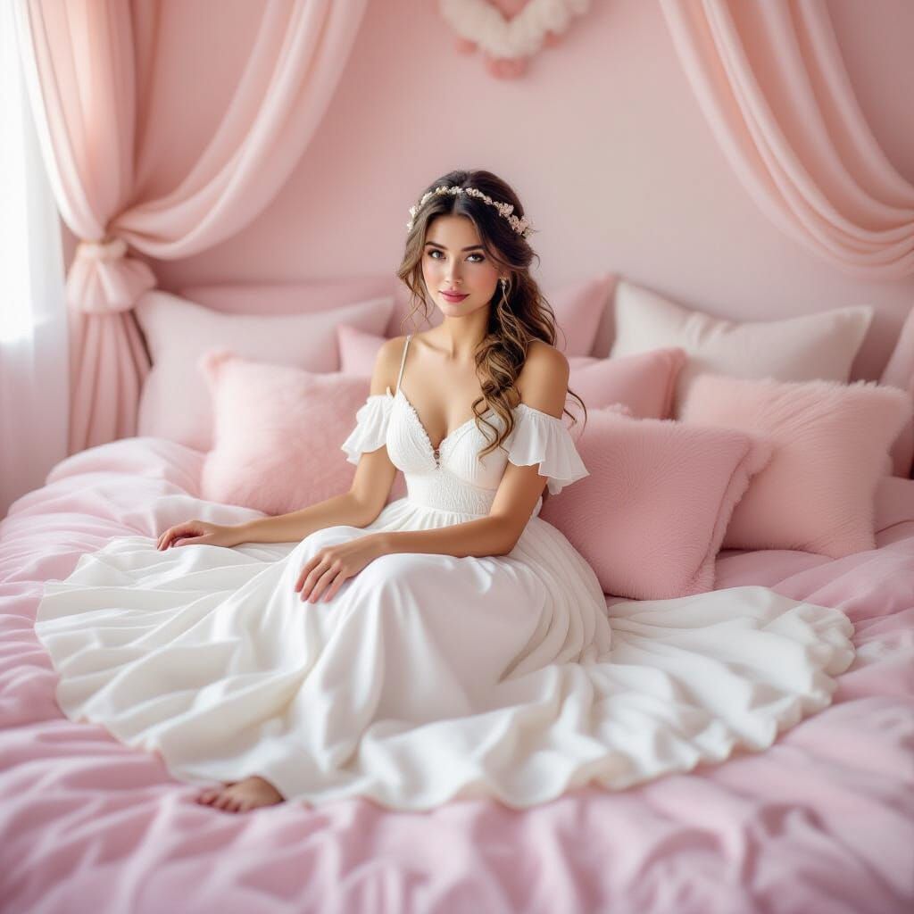 Girl in White Dress on Pink Bed in Dreamy Style